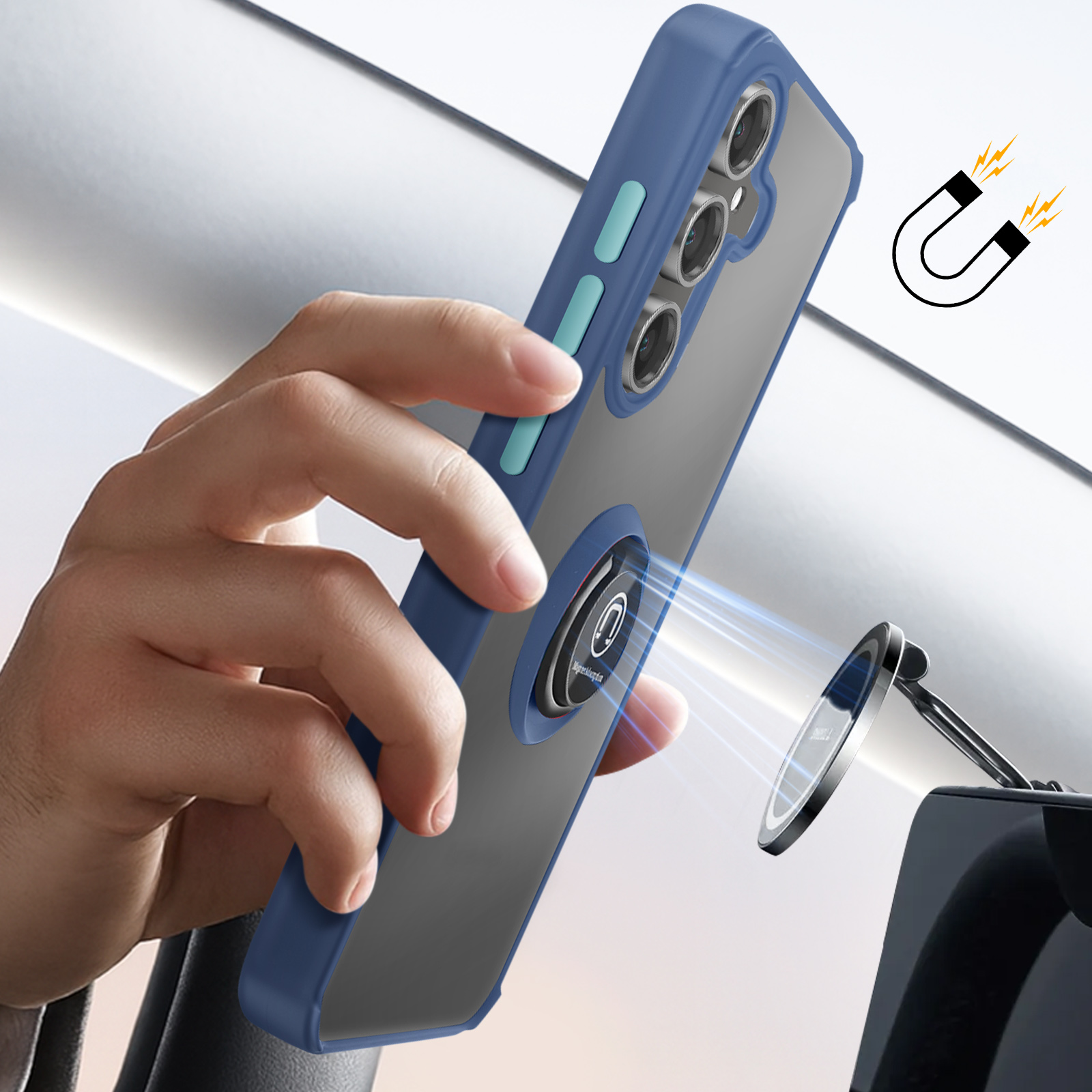 Una mano tiene una cover blu per telefono con anello magnetico vicino a un supporto per auto.