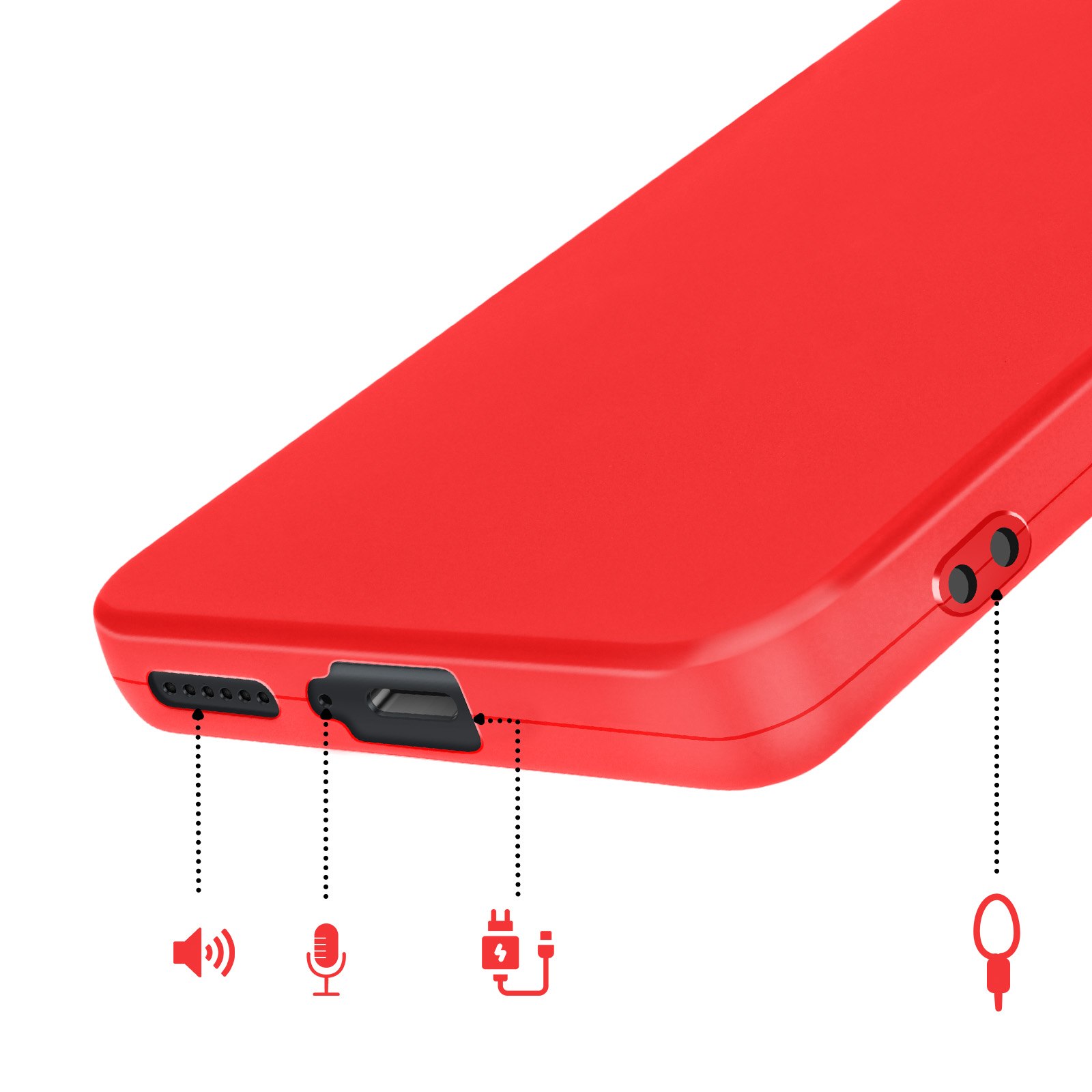 Rode telefoonhoes met poorten: luidspreker, microfoon, opladen en koptelefoonaansluiting.