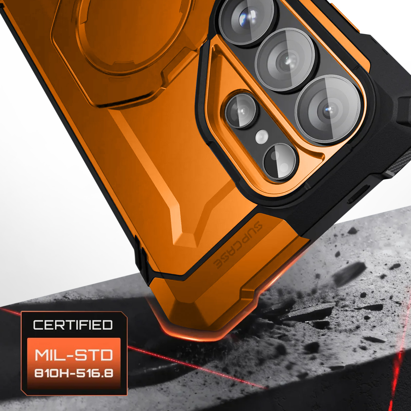 Funda naranja para teléfono con recorte de cámara, certificada MIL-STD.
