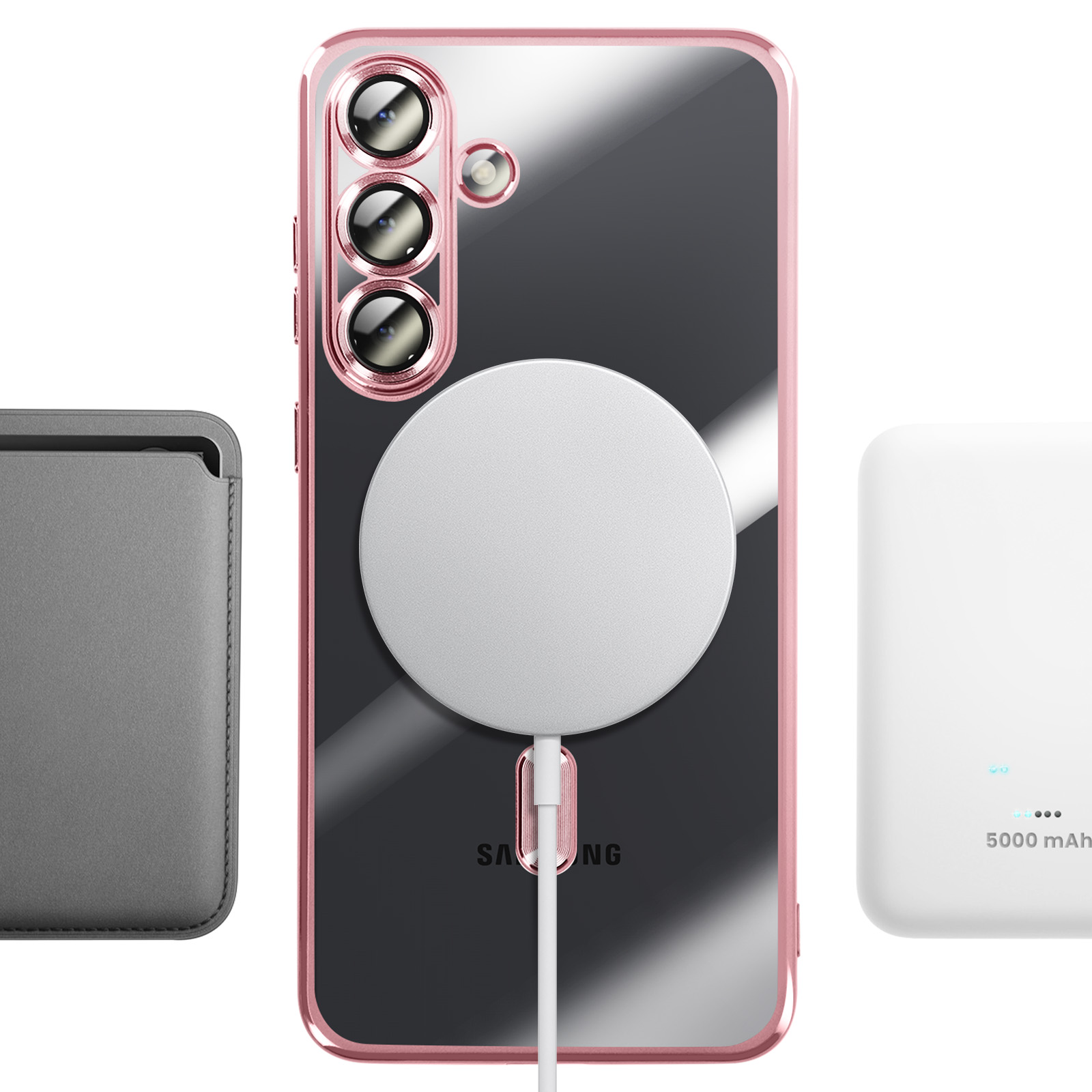 Een roze telefoon met drie camera's, naast een grijze hoes en witte oplader.