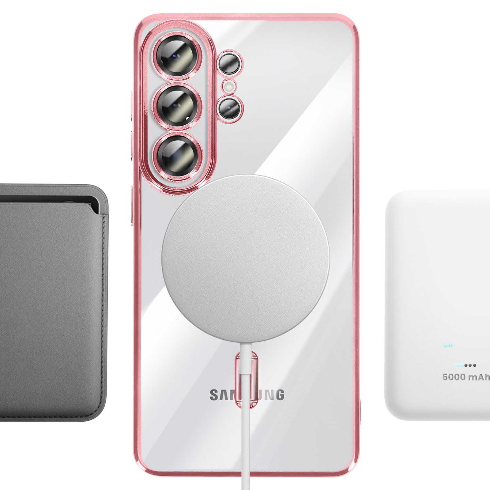 Une coque de téléphone transparente à bordure rose, un porte-cartes gris, une batterie externe blanche.