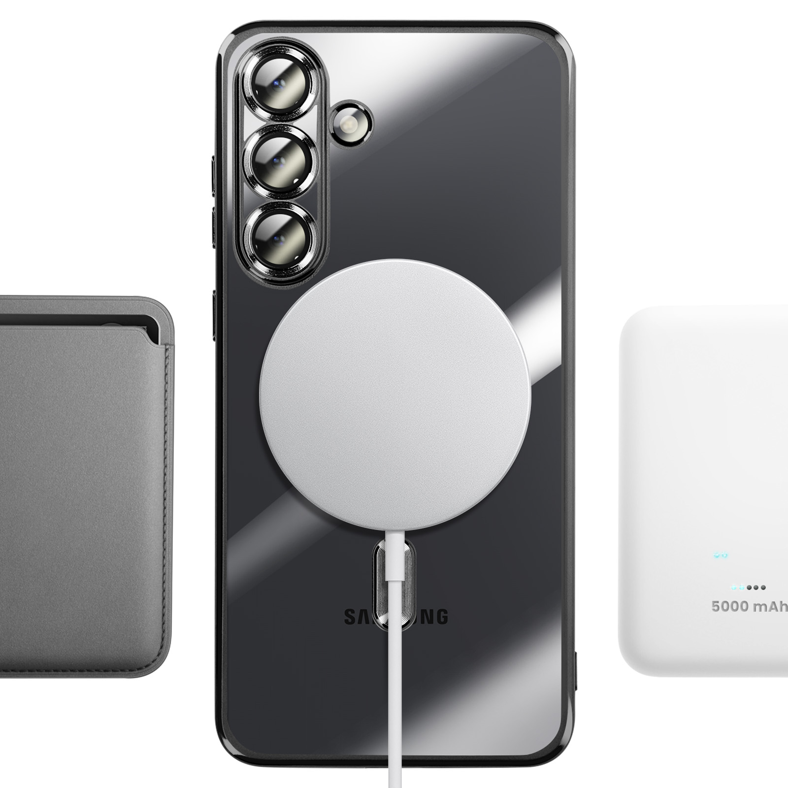 Grijze telefoonhoes, zwarte smartphone met MagSafe-oplader en witte powerbank.