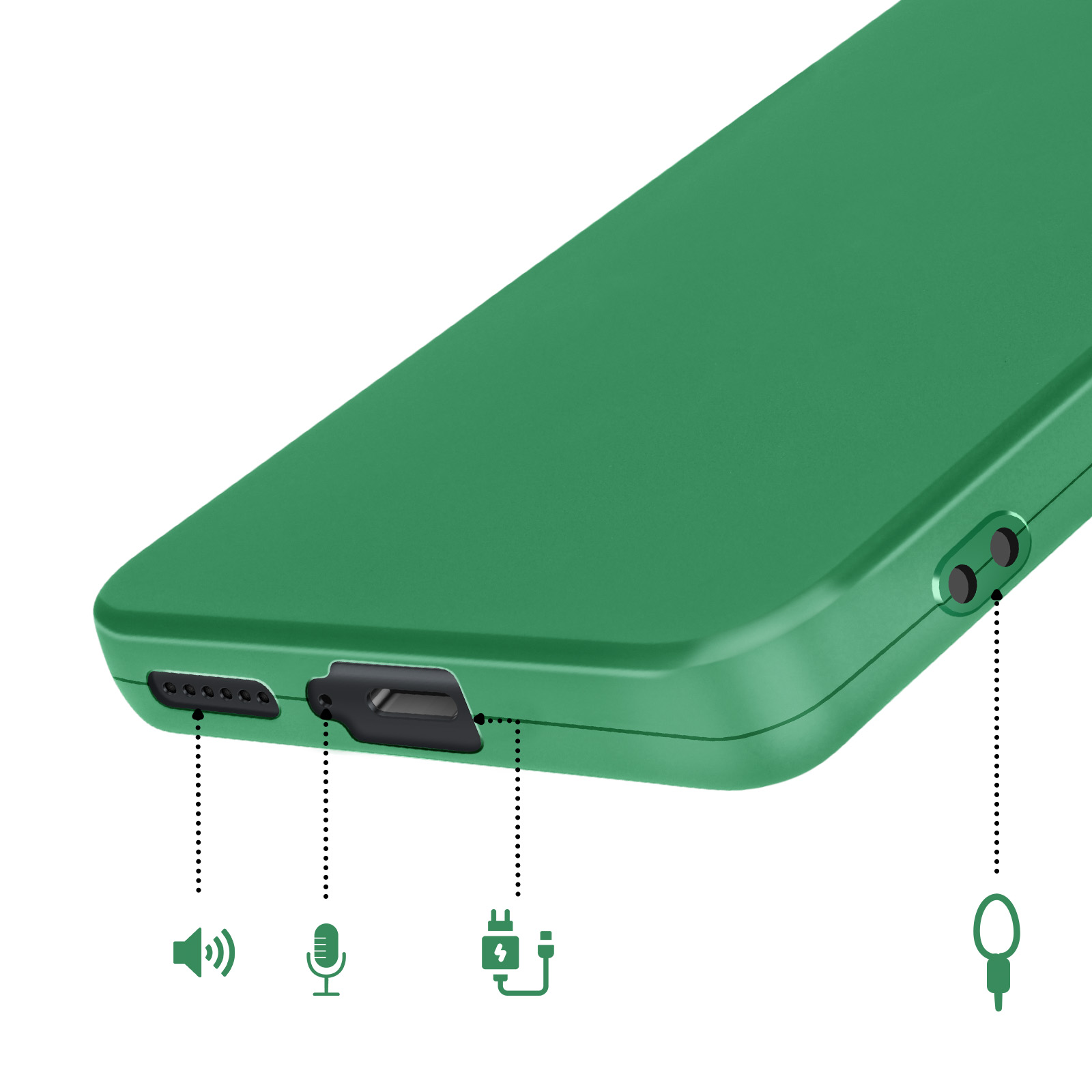 Groene behuizing met poorten: luidspreker, microfoon, opladen en koptelefoonaansluiting.