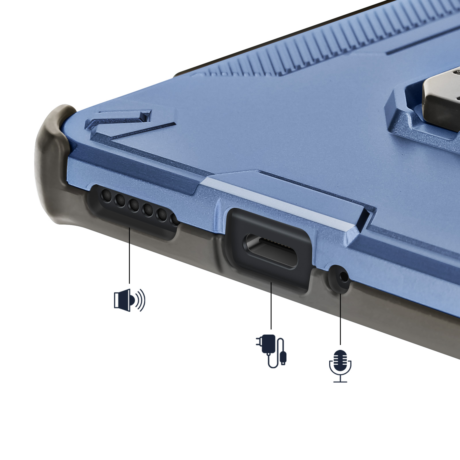 Coque de téléphone bleue montrant les ports haut-parleur, charge et micro.