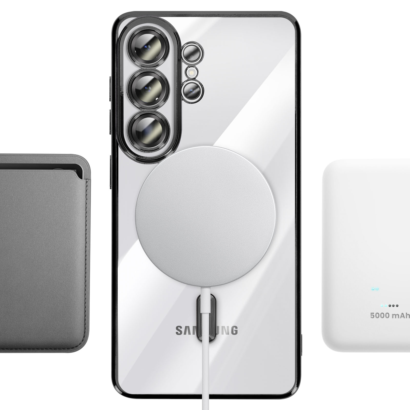 Un smartphone avec appareils photo, cercle de charge et câble, à côté d'un étui gris et d'une batterie externe blanche.