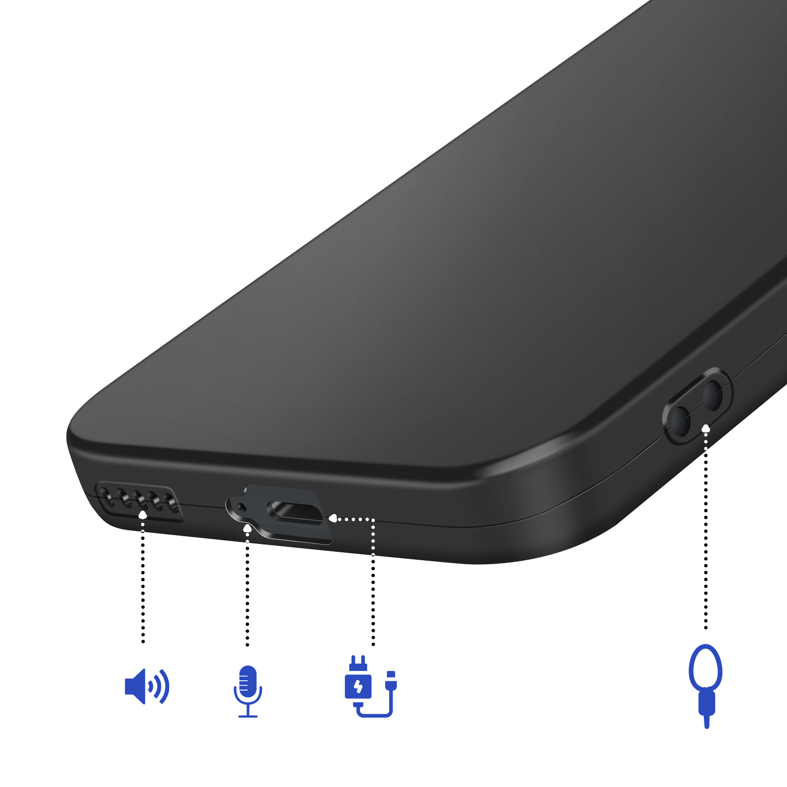 Smartphone noir avec haut-parleur, microphone, port de charge et attache boucle.