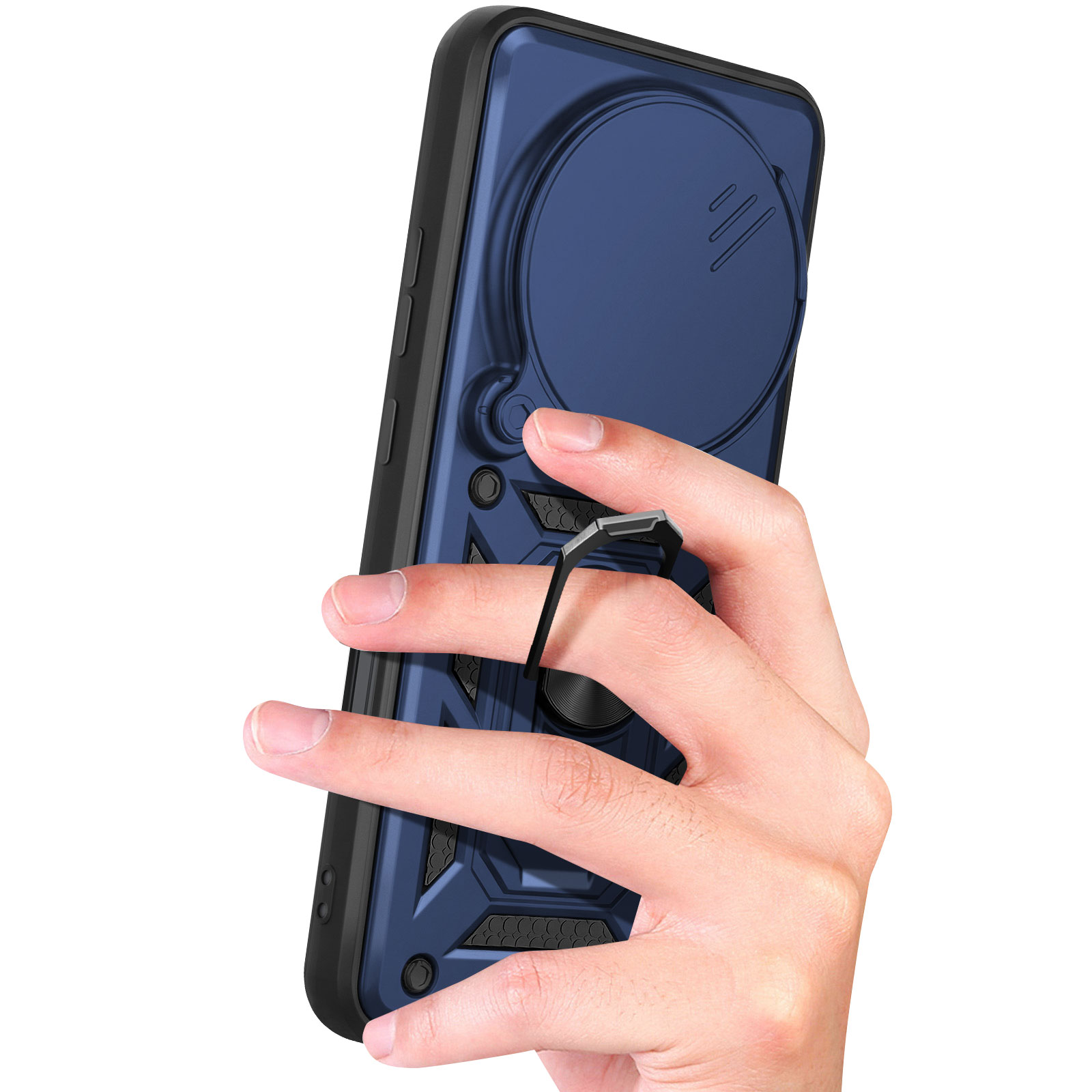 Eine Hand hält eine dunkelblaue Handyhülle mit einem Ringhalter.