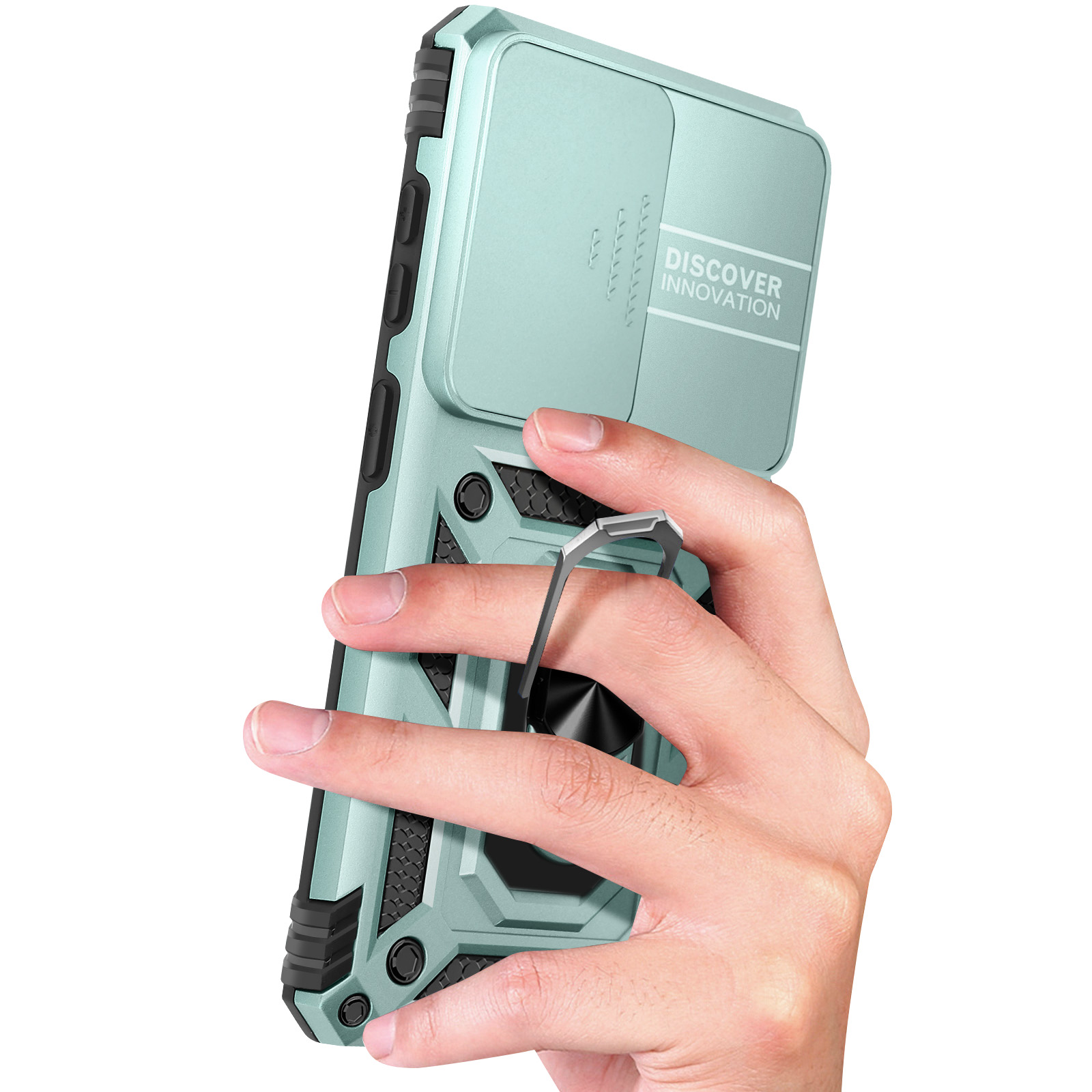 Een hand houdt een turquoise telefoonhoesje vast met een ring.