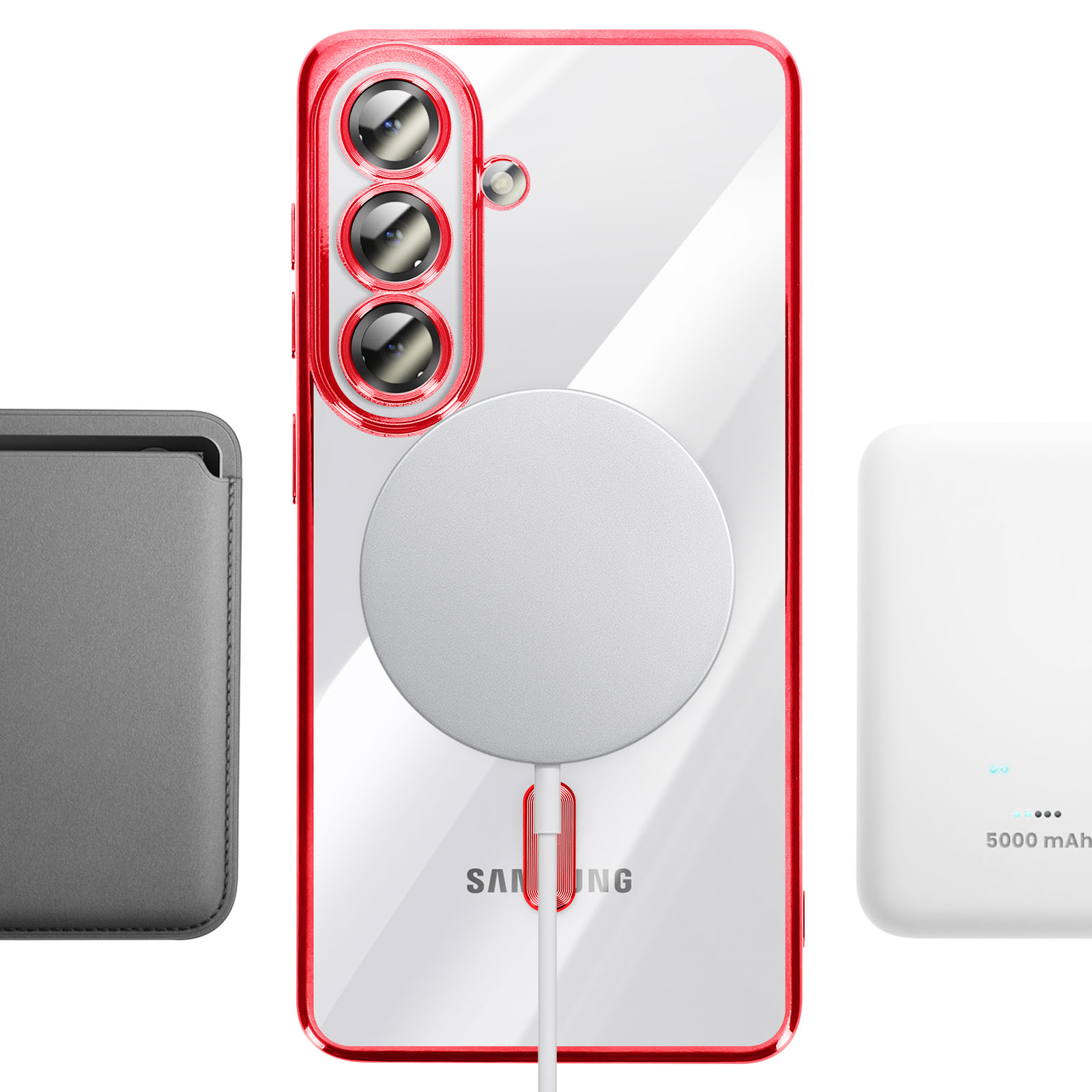 Un smartphone avec bordure rouge, caméras et chargeur MagSafe, à côté d'un étui et d'une batterie externe blanche.