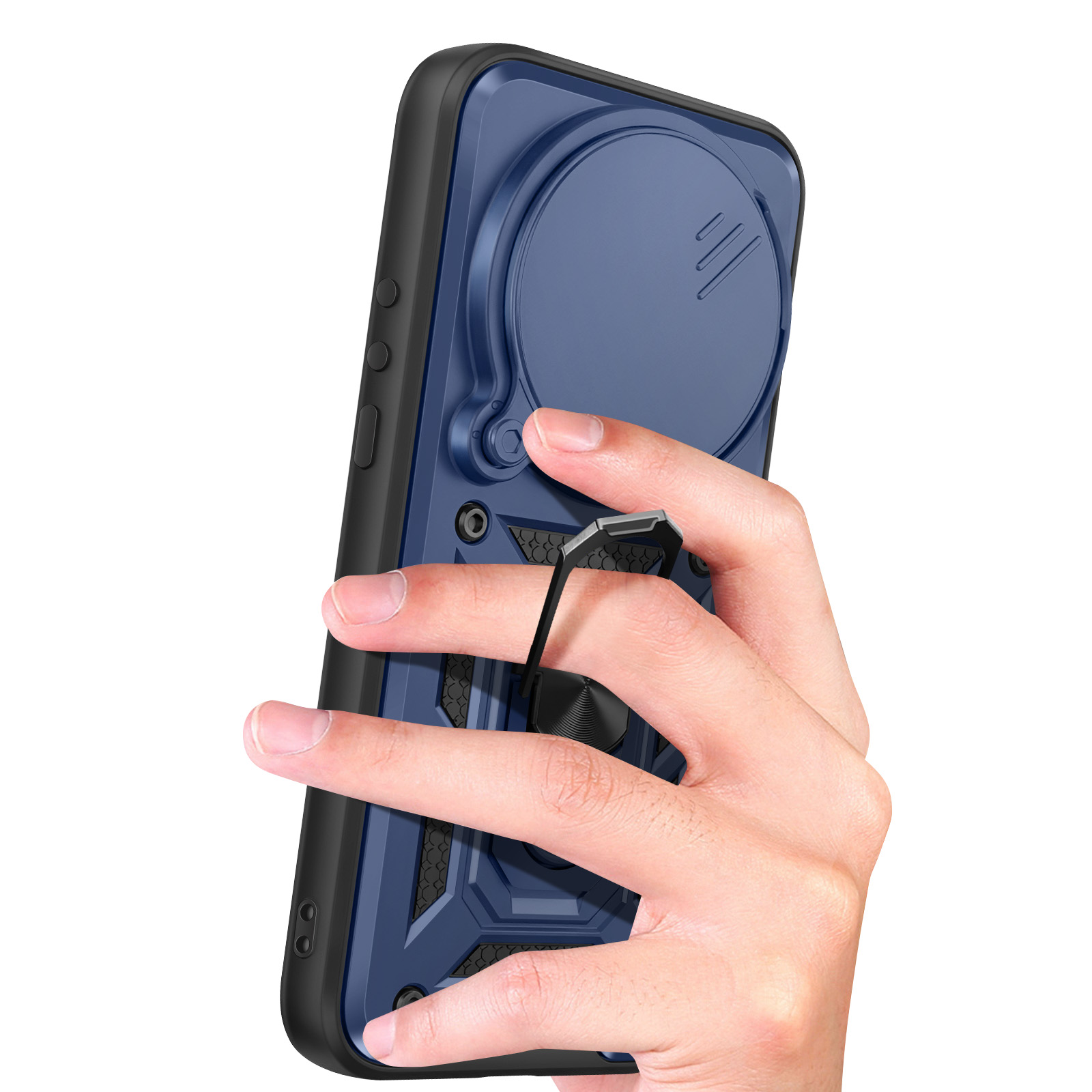 Coque de téléphone bleue avec support anneau, tenue par une main.