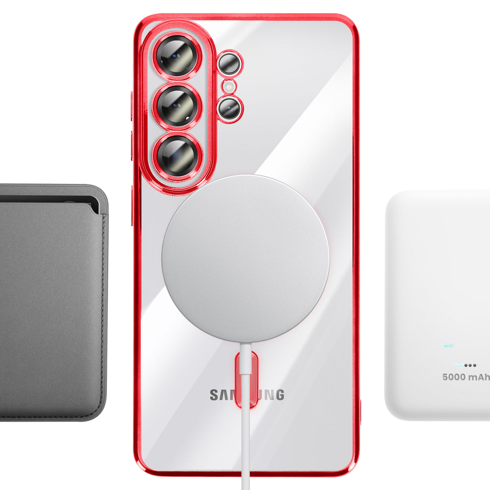 Coque de téléphone transparente avec contour rouge, chargeur magnétique et batterie externe blanche.