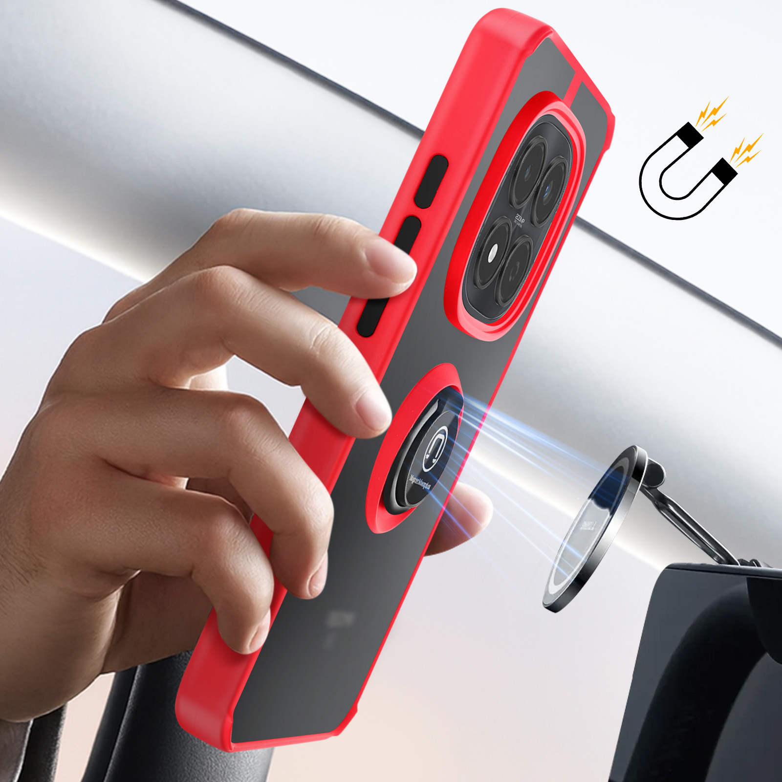 Cover rossa per telefono con attacco magnetico posta su supporto auto.