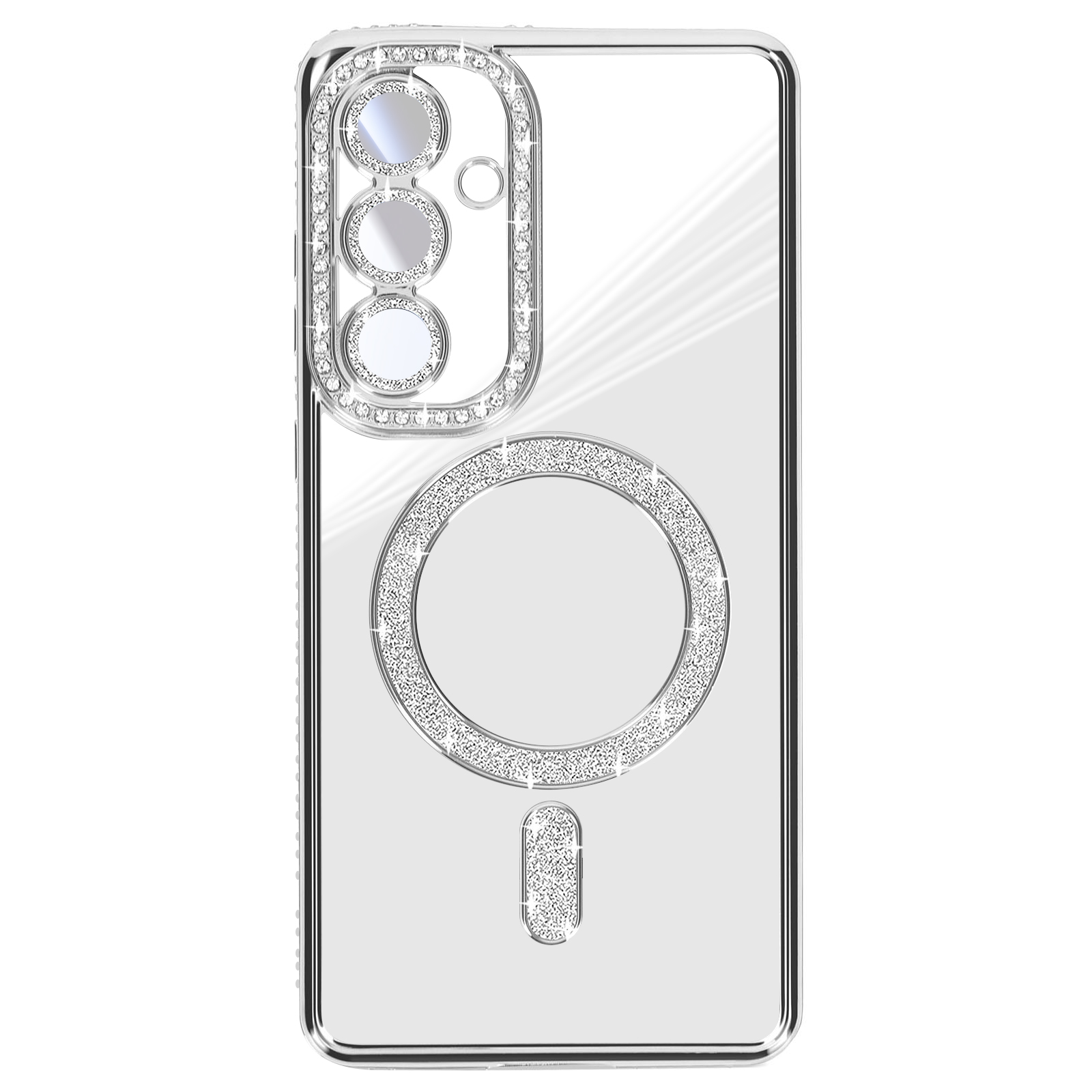 Coque de téléphone transparente avec accents pailletés autour de la caméra et de l'anneau magnétique.