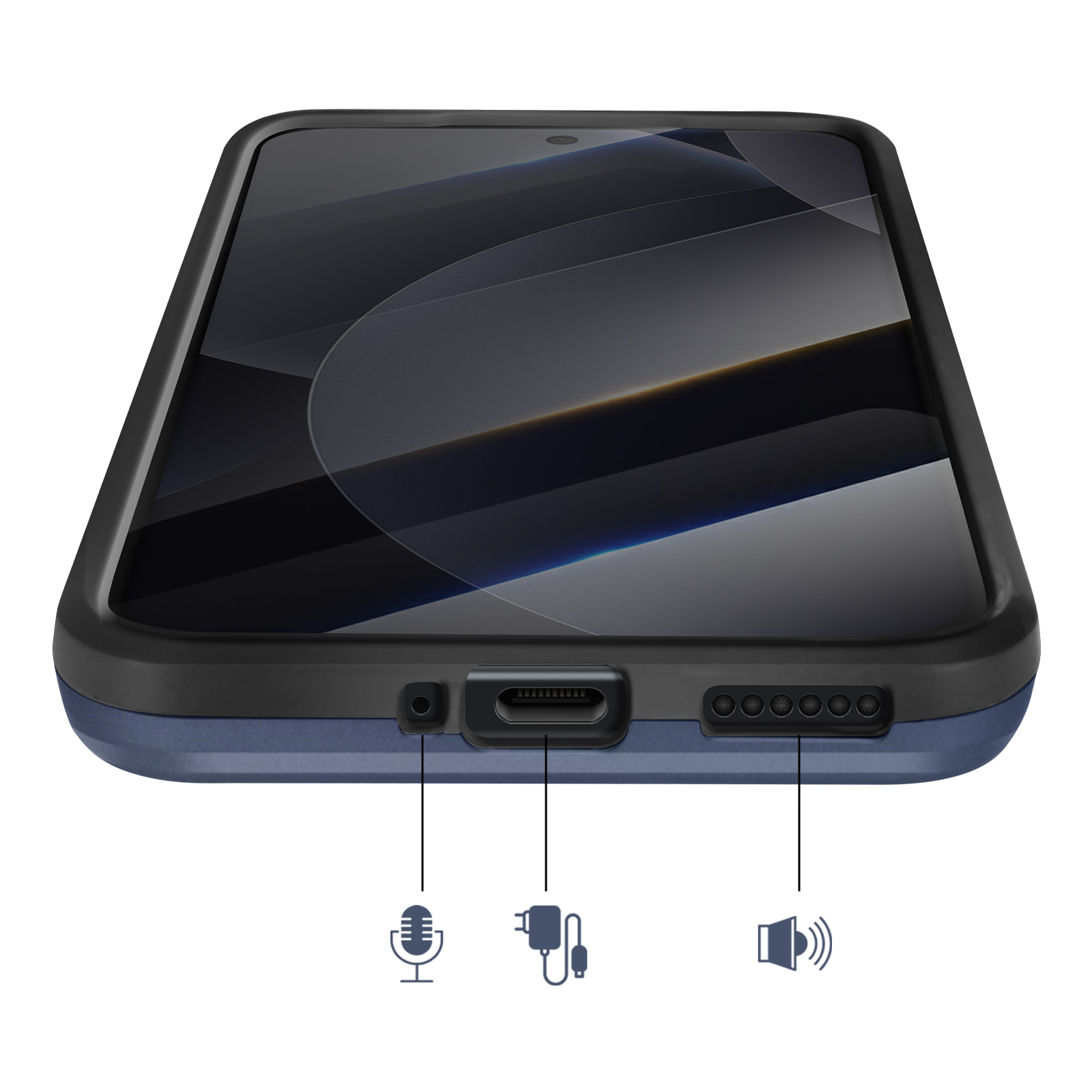 Uno smartphone mostra porte per microfono, ricarica e altoparlante.