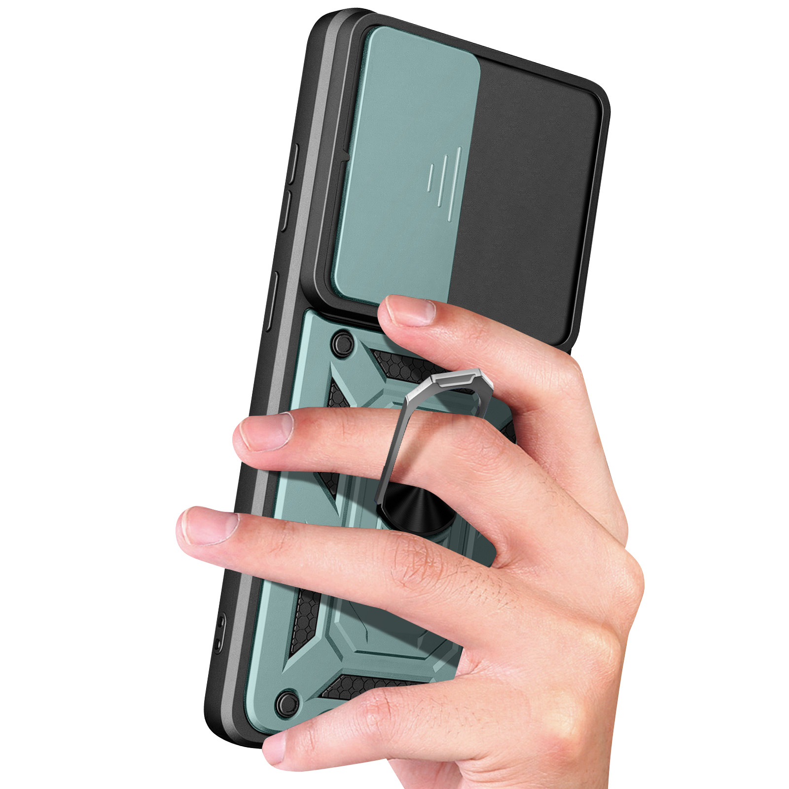 Een hand houdt een teal telefoonhoesje met ringhouder vast tegen een witte achtergrond.