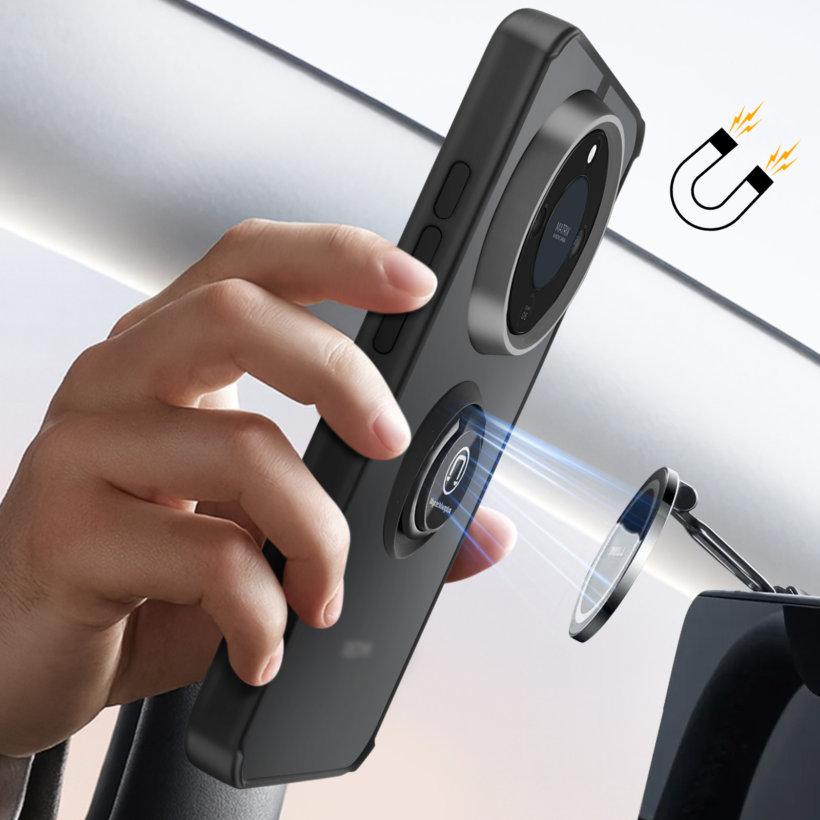 Une main tient un téléphone noir avec anneau magnétique sur un support de voiture.