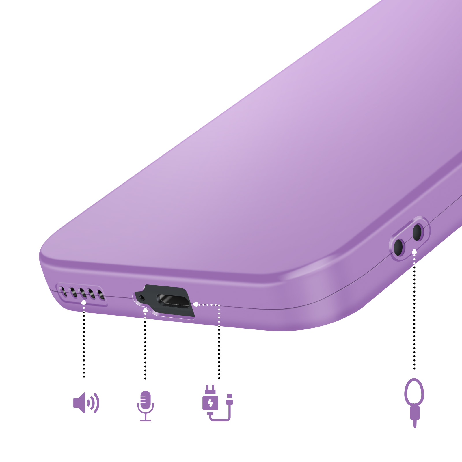 Coque violette montrant haut-parleur, micro, port de charge et prises casque.