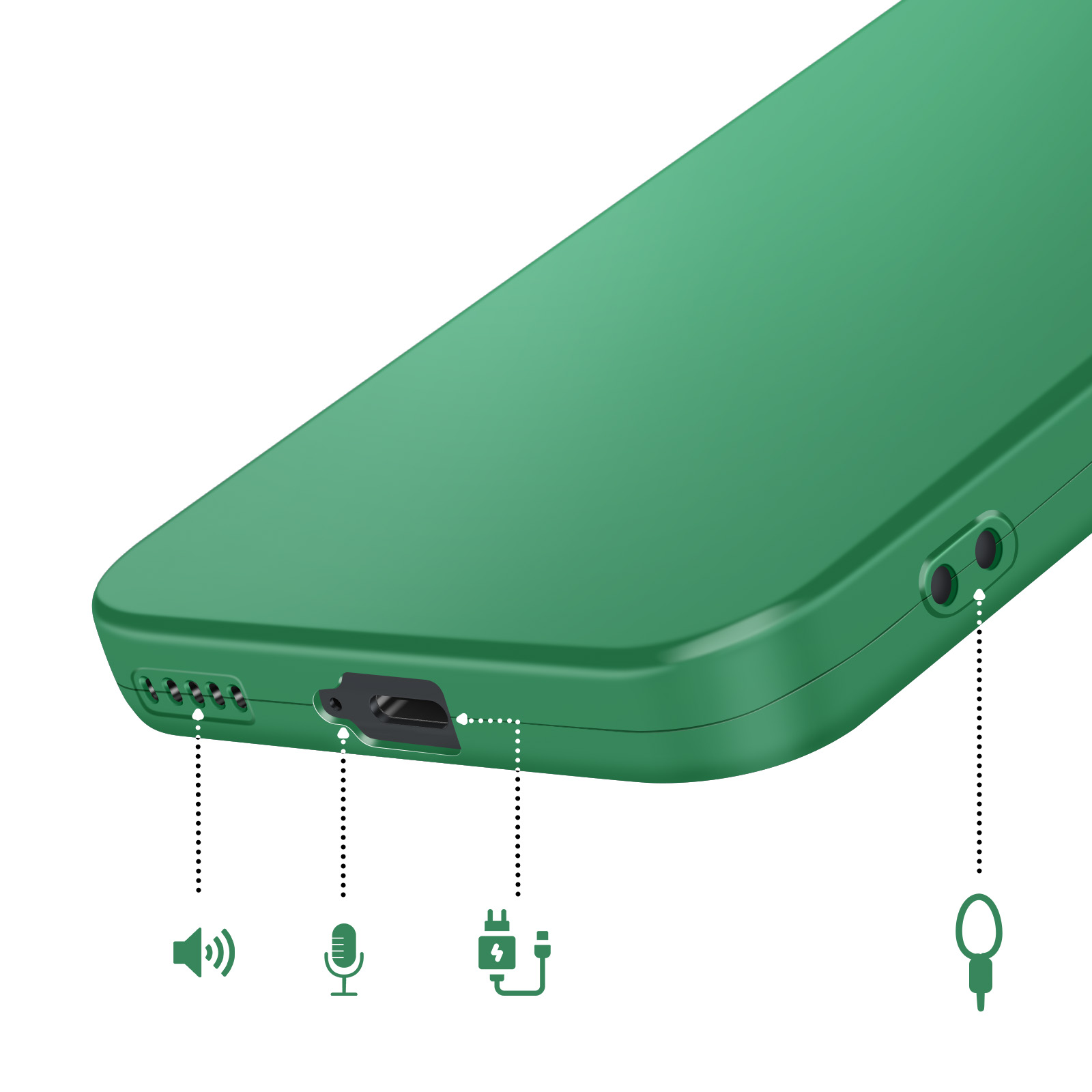 Coque de téléphone verte montrant haut-parleur, micro, port de charge et boucle de lanière.