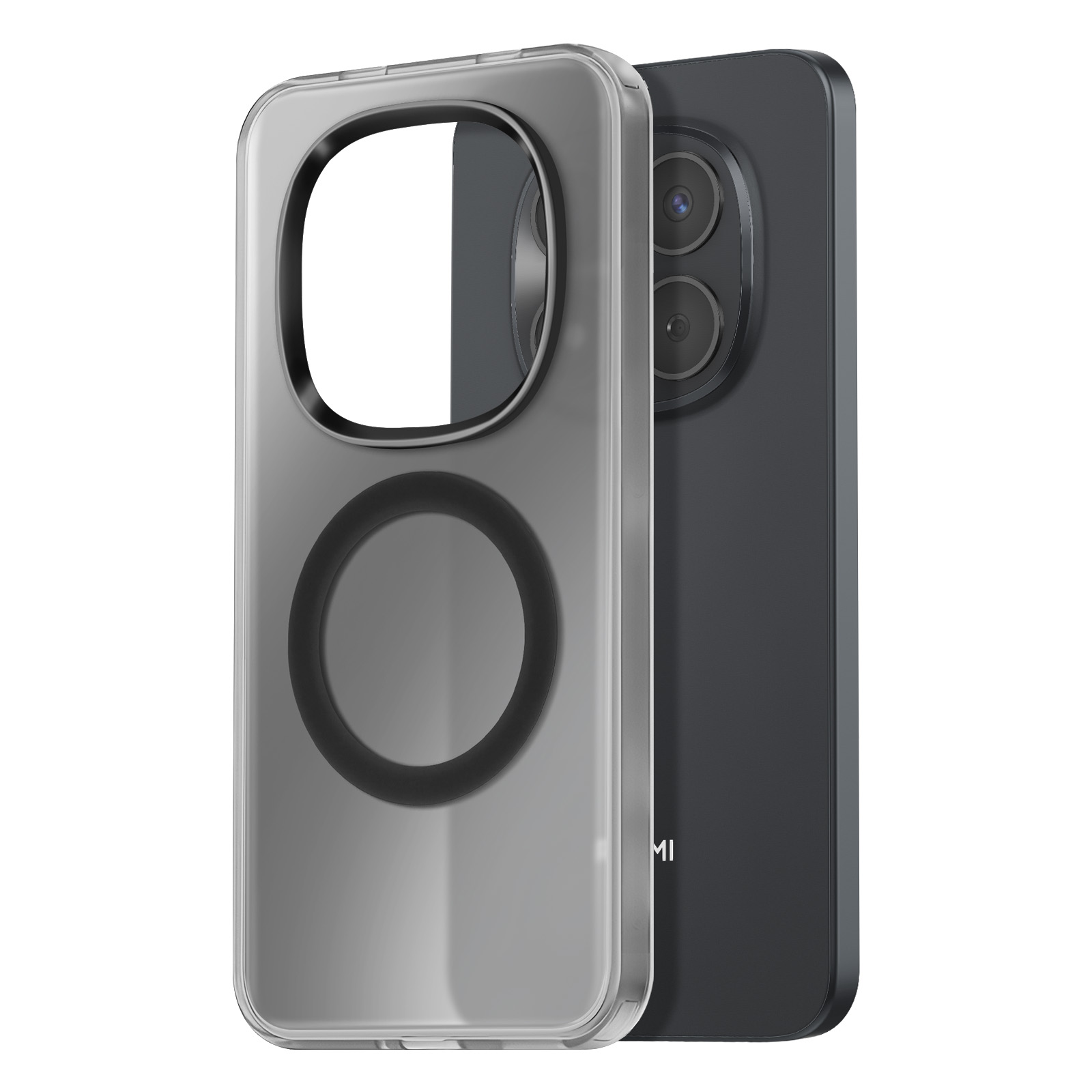 Een transparante telefoonhoes ligt naast een zwarte telefoon met twee cameralenzen.