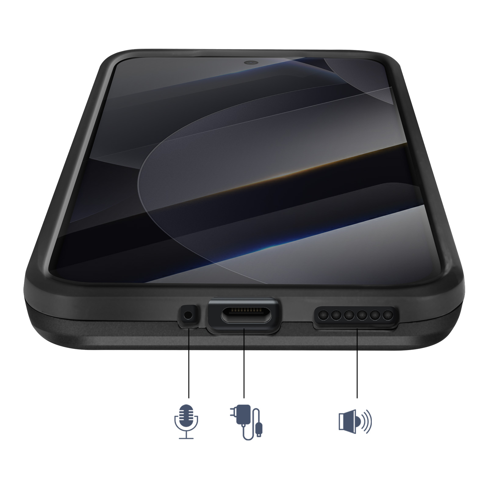Custodia per telefono con porte per icone microfono, ricarica e altoparlante.