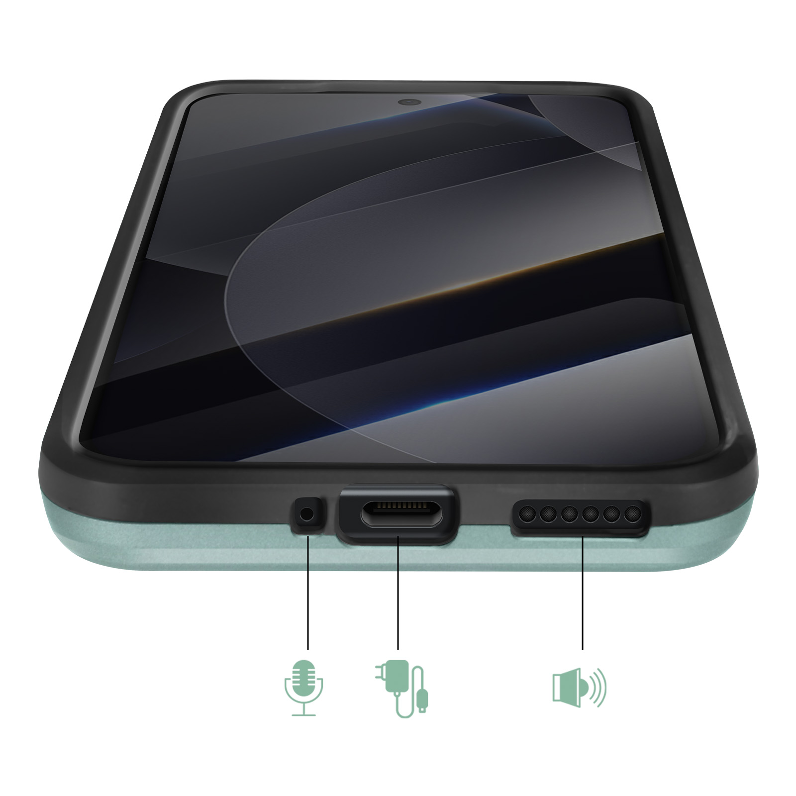 Primo piano di uno smartphone che mostra le porte: microfono, porta di ricarica e griglia altoparlante.