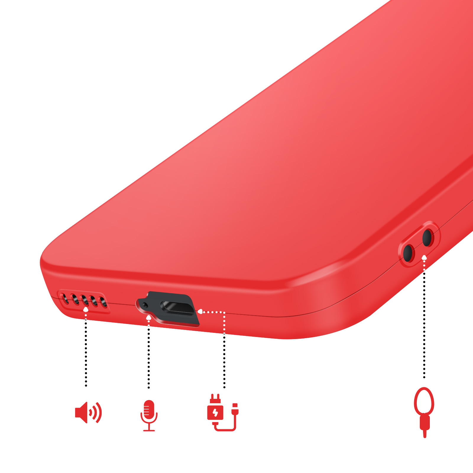 Appareil rouge avec haut-parleur, microphone, ports de charge et lanière.