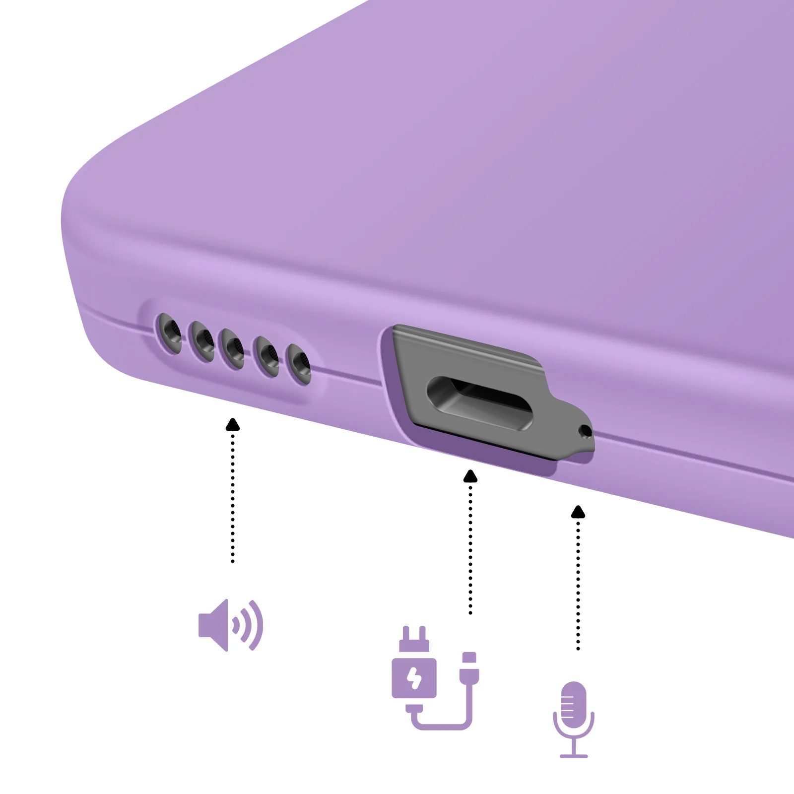 Coque violette avec icônes haut-parleur, charge et micro.