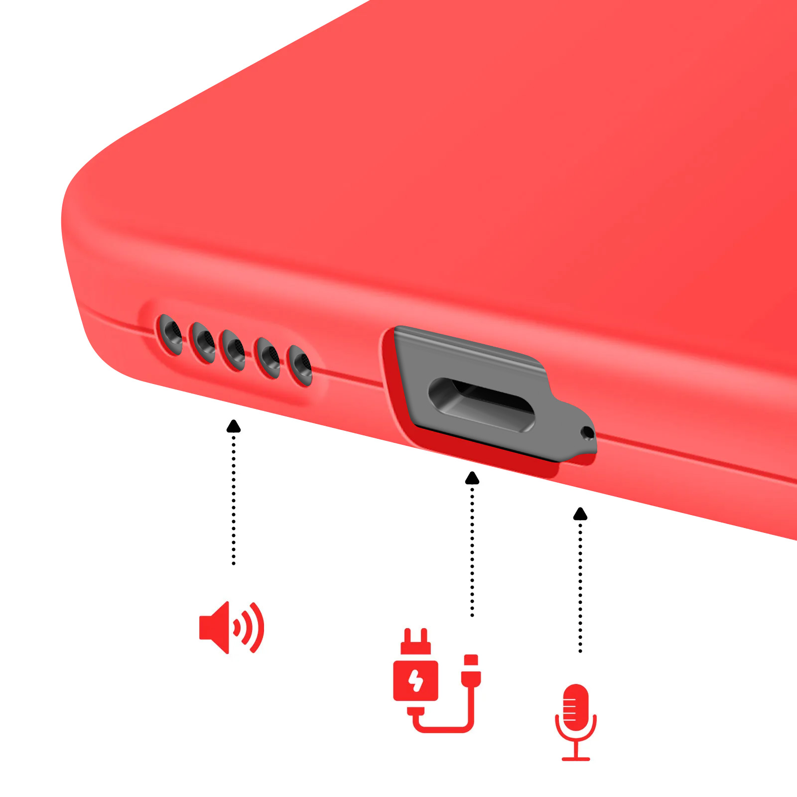Rode telefoonhoes met laad-, microfoon- en luidsprekerpictogrammen.