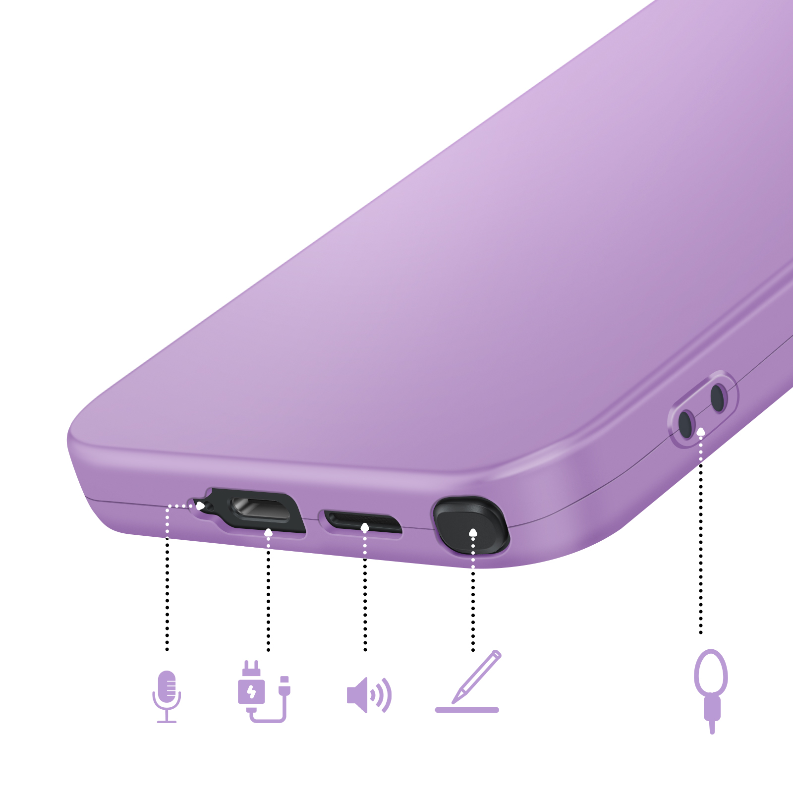 Coque de téléphone violette avec ports : micro, charge, volume, stylo, prise casque.