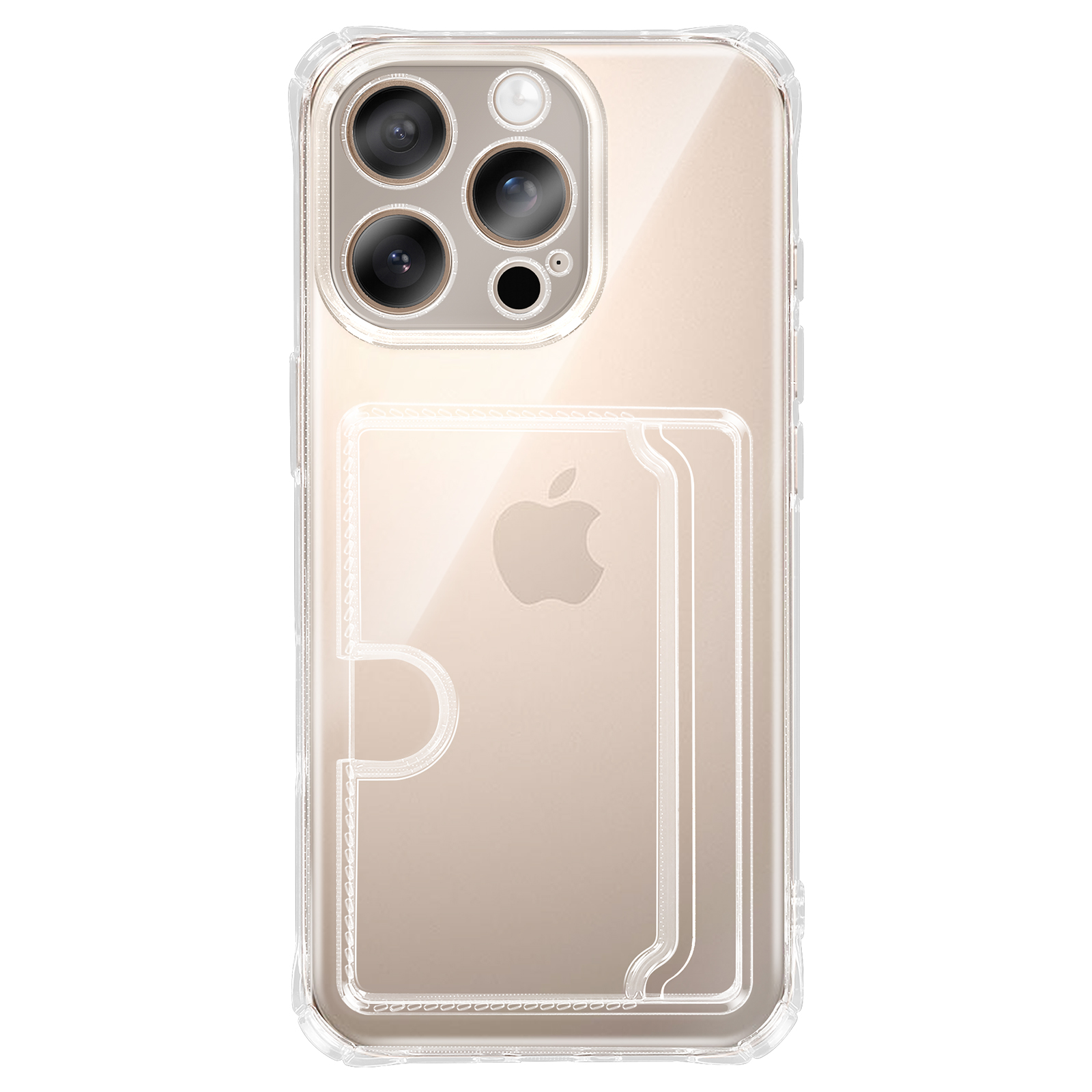 Transparante iPhone hoes met kaarthouder en Apple logo.