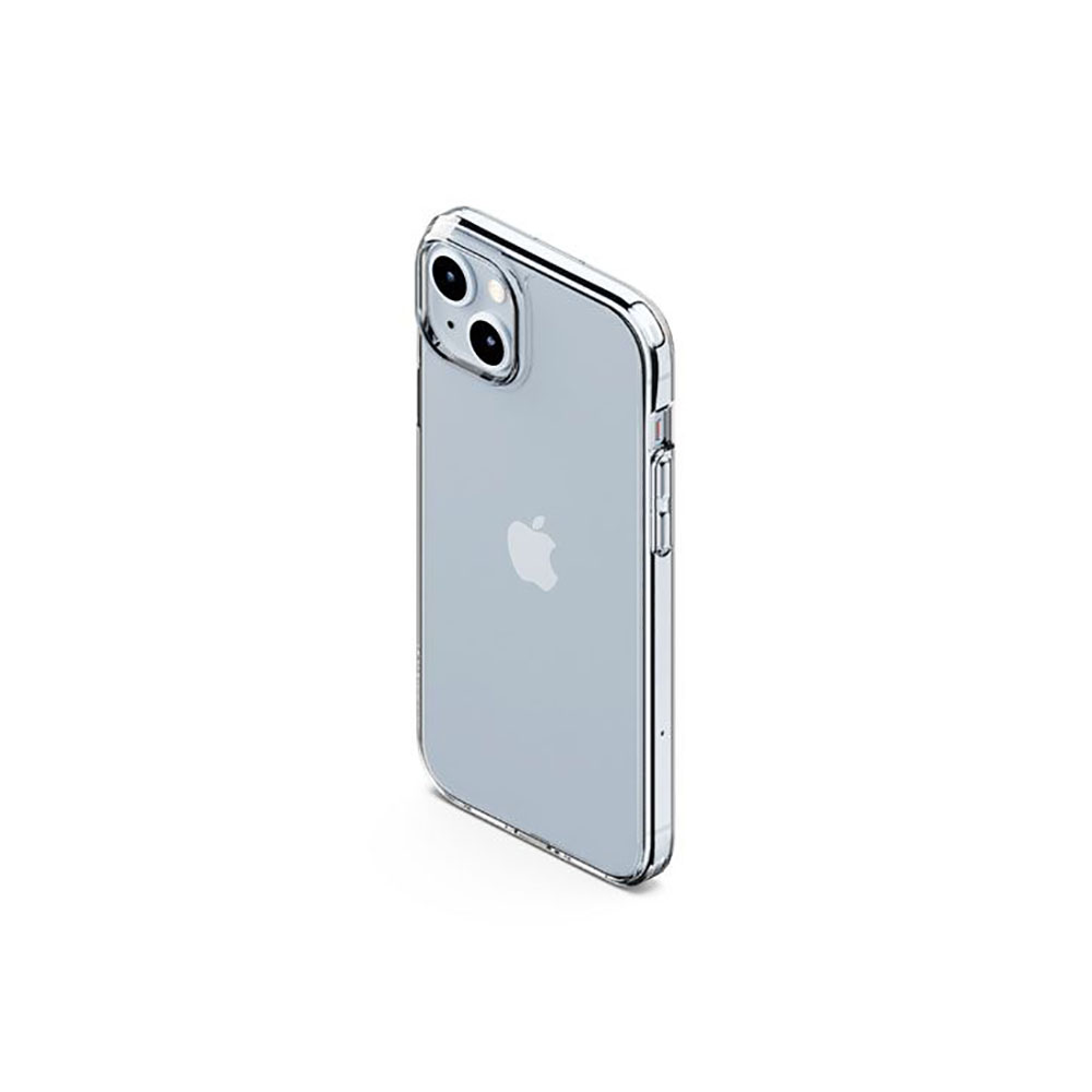 Una custodia trasparente per iPhone con logo Apple sul retro.