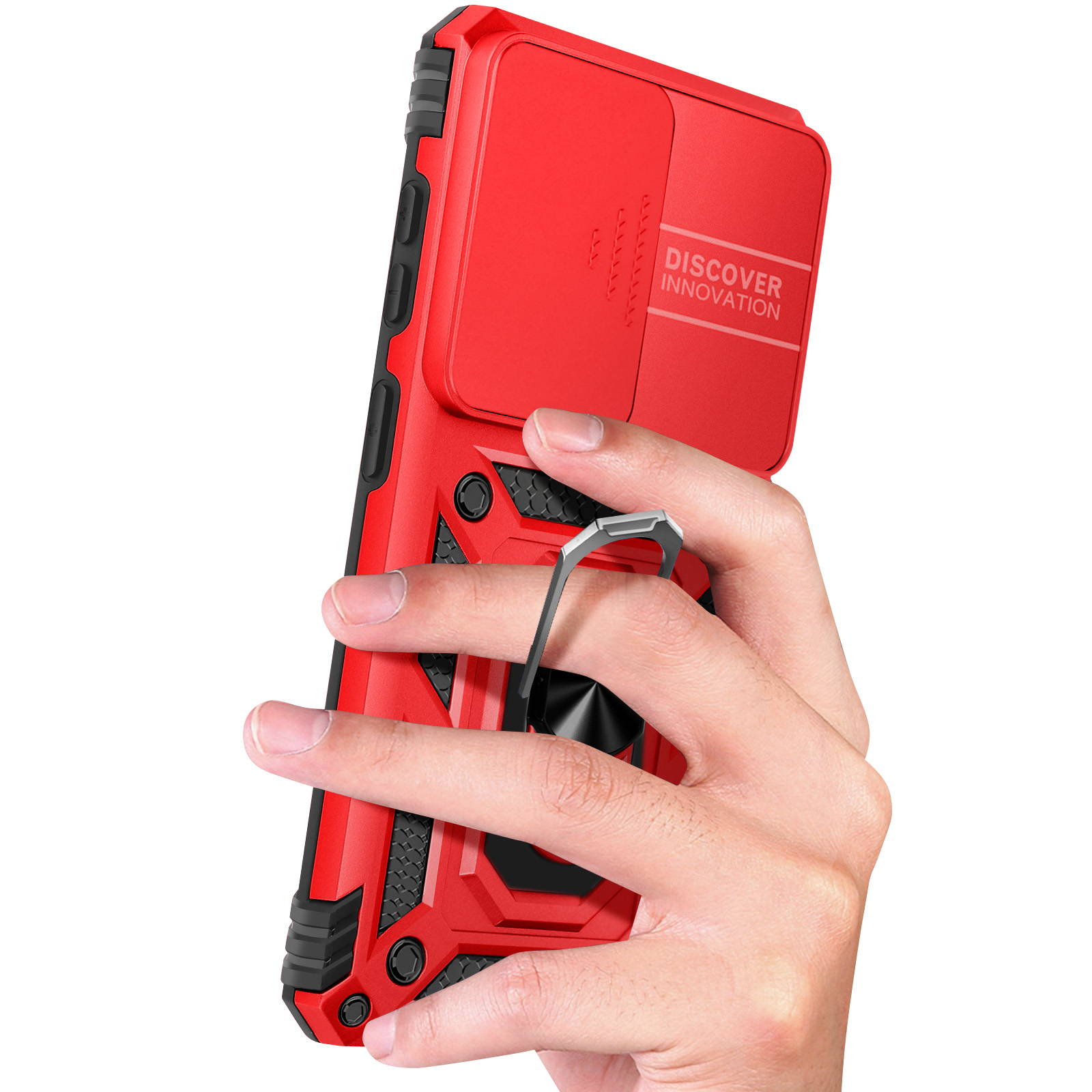 Coque de téléphone rouge avec cache coulissant et support anneau, tenue par une main.