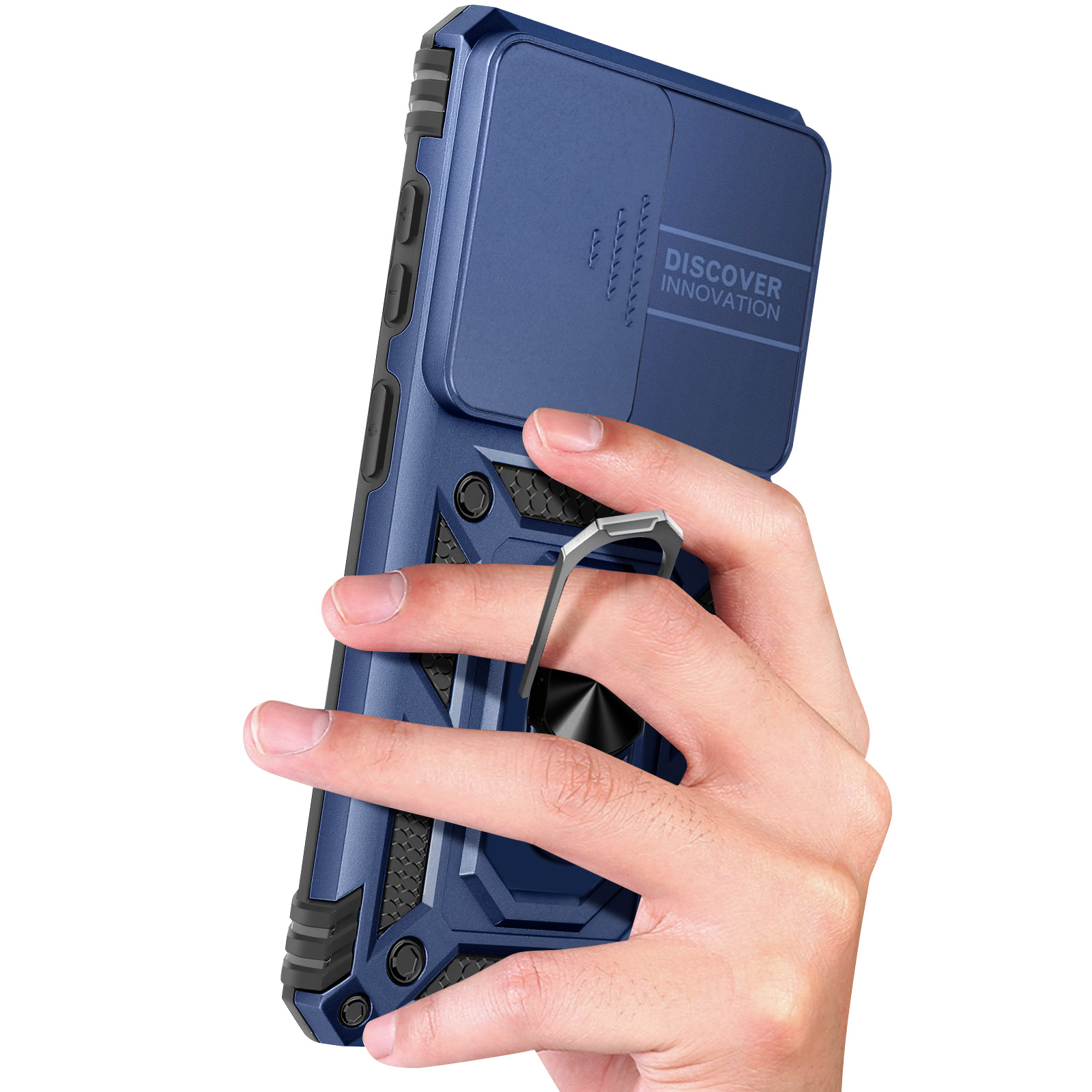 Coque de téléphone bleue avec support anneau et cache coulissant caméra.