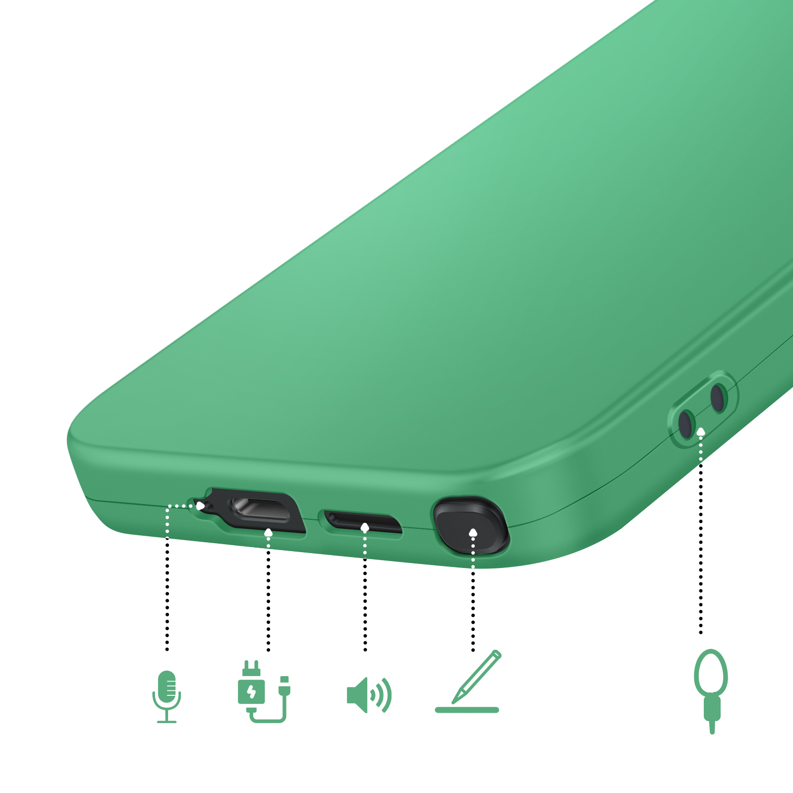 Groene telefoonhoes met poorten voor microfoon, opladen, geluid, stylus en koord.