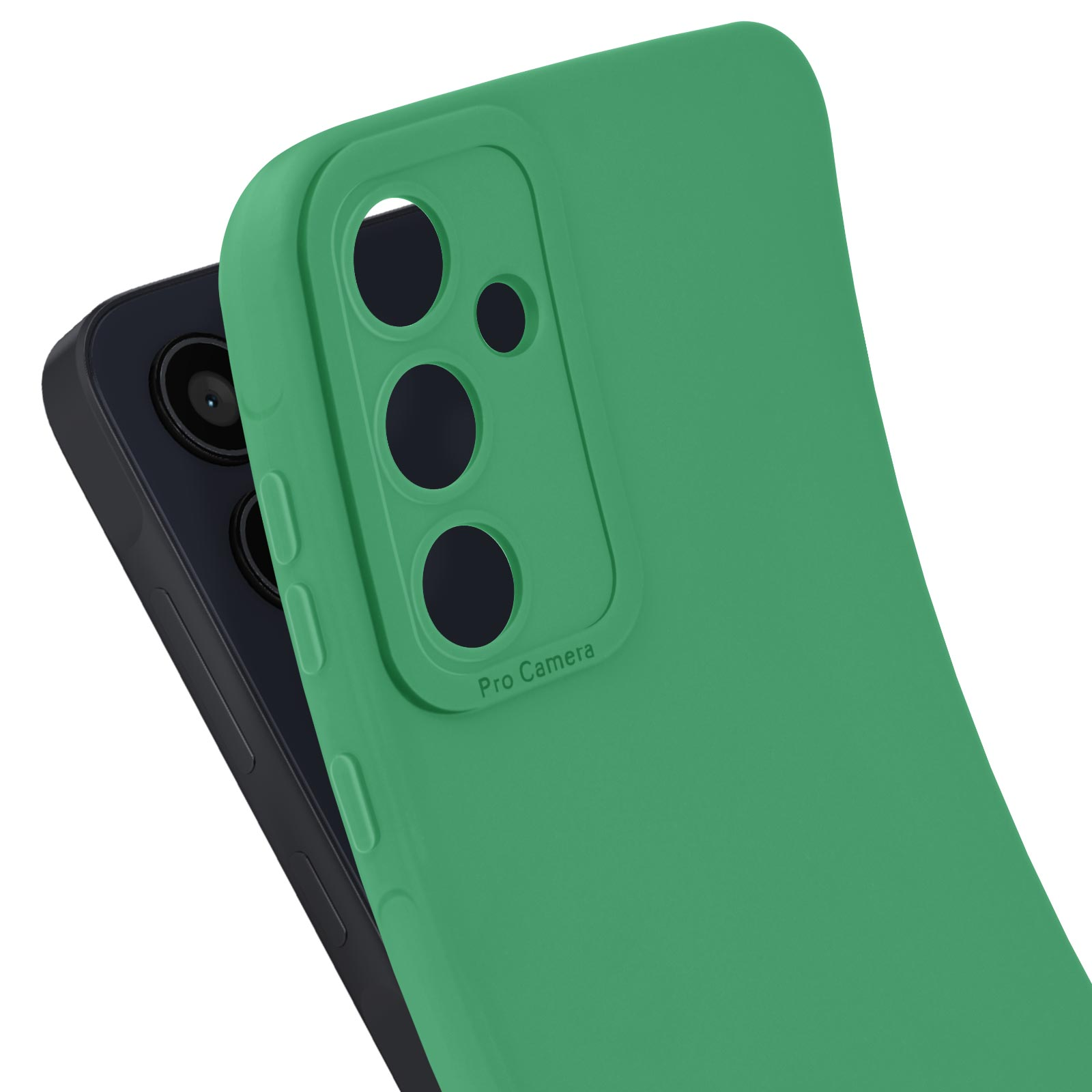 Custodia verde per telefono sopra un telefono nero con ritaglio per fotocamera.