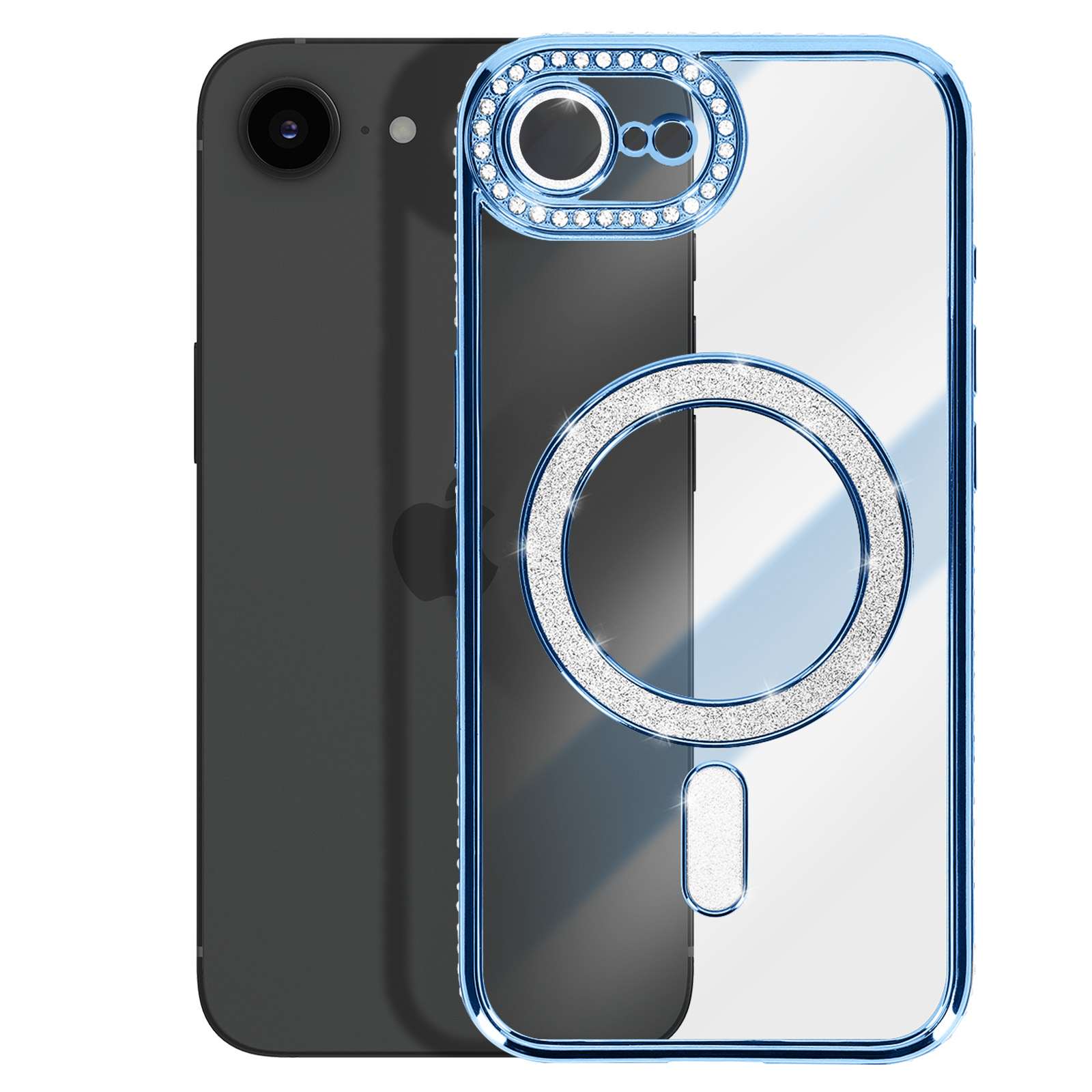 Een blauwe telefoonhoes met glitter omrandt de camera en een cirkel.