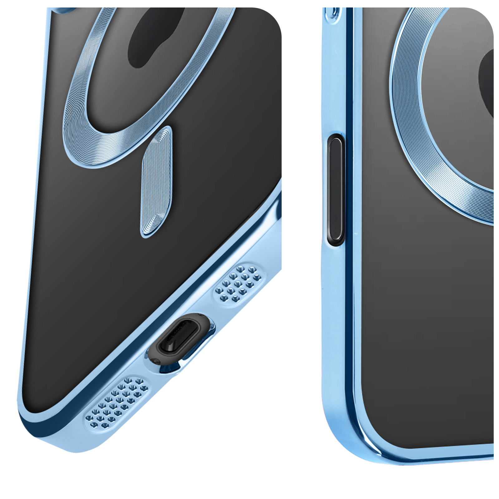 Primo piano di una custodia blu per telefono con cerchio magnetico e porta di ricarica.