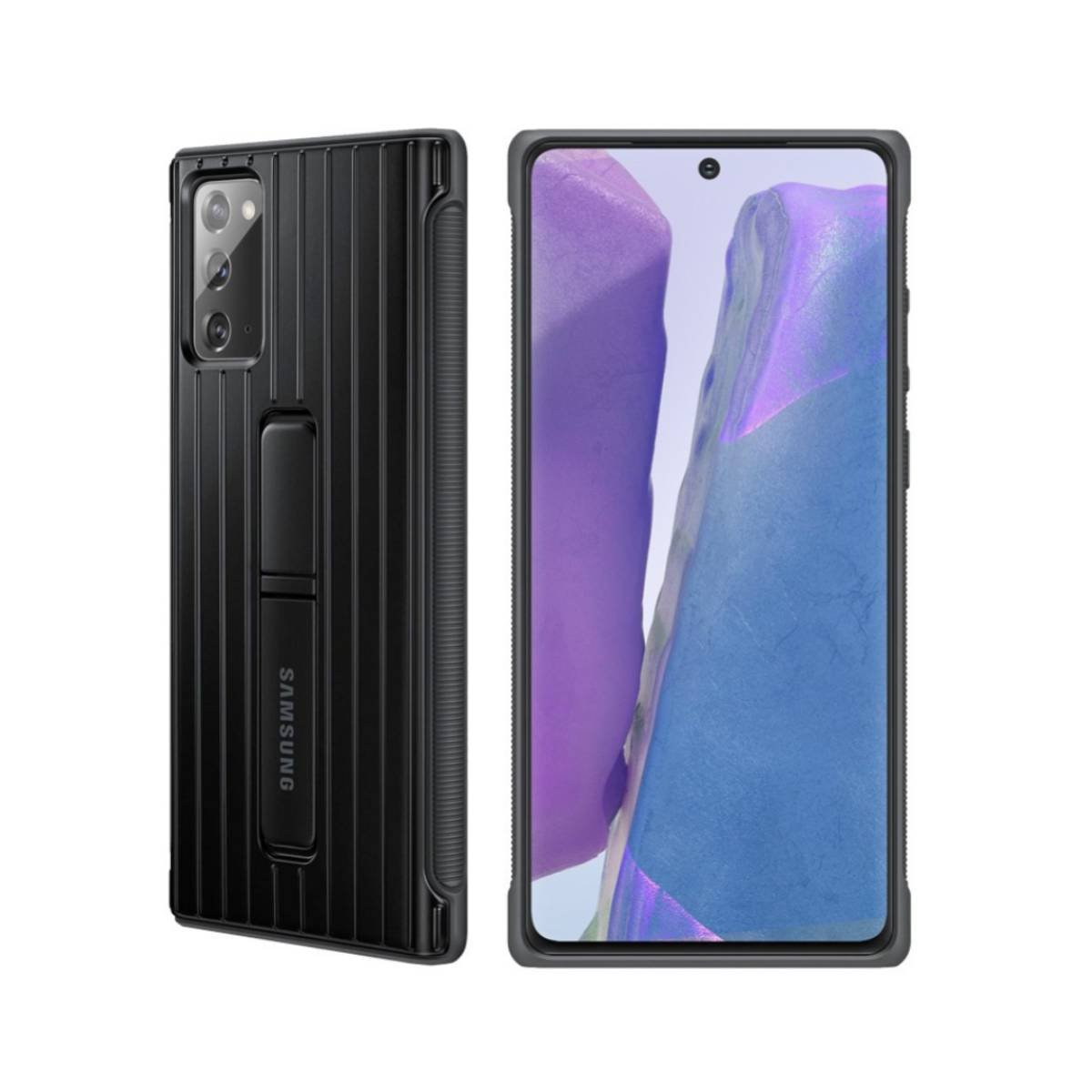Zwarte Samsung telefoonhoes met standaard, naast een telefoon met paars behang.