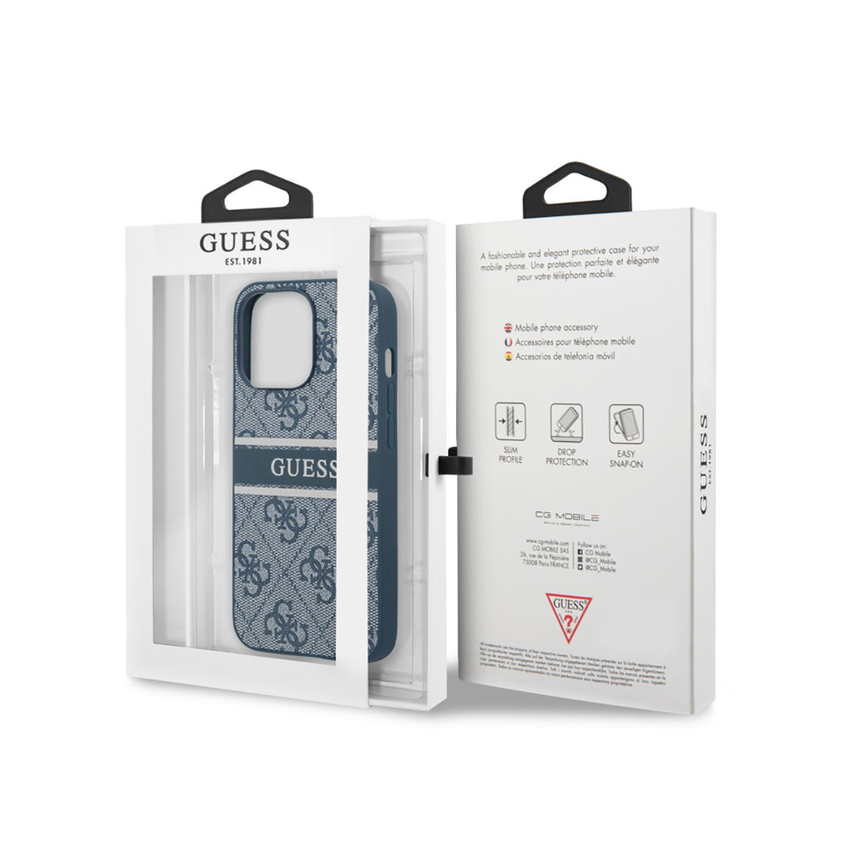 Custodia Guess con stampa logo blu nella confezione.