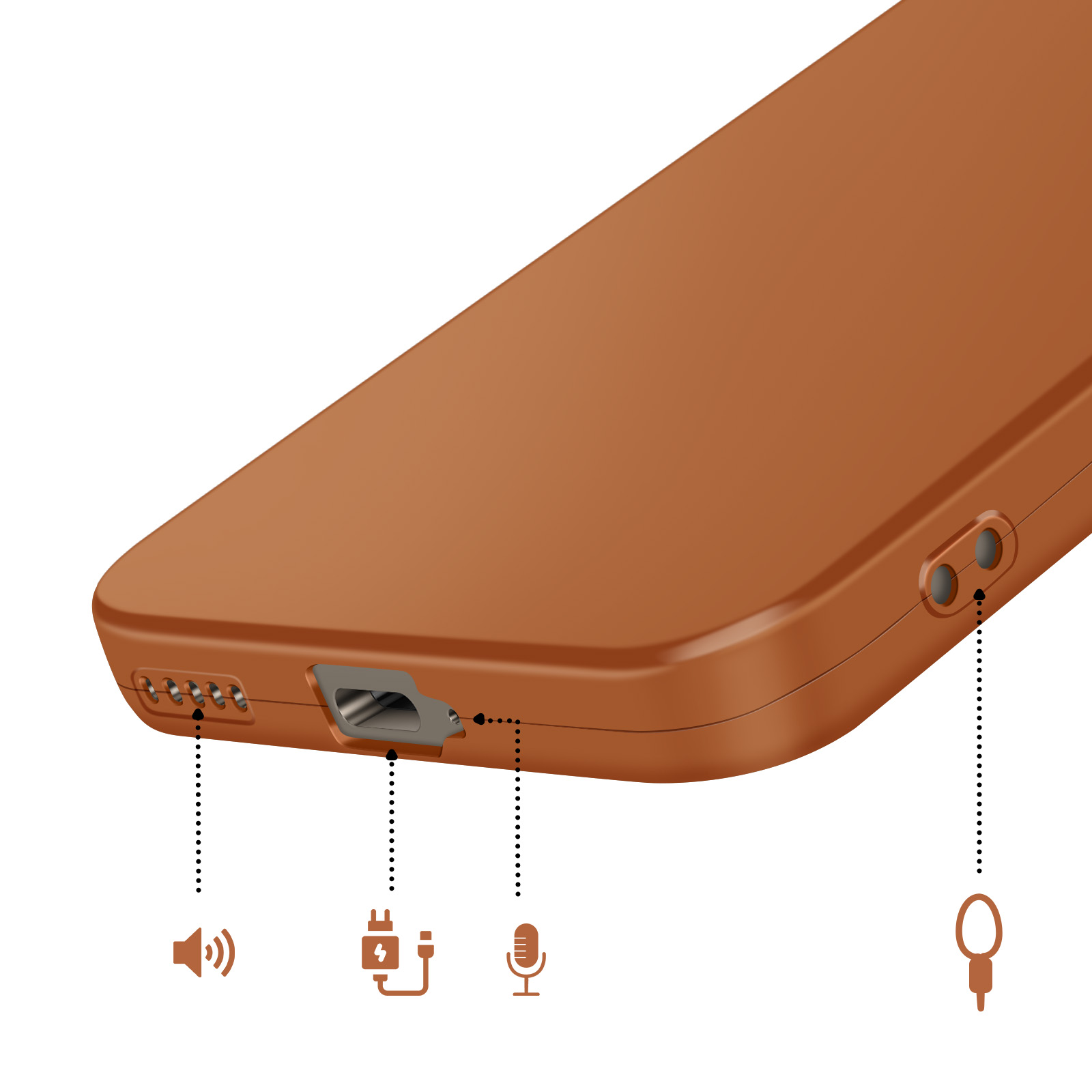 Bruin apparaat met poorten: luidspreker, USB, microfoon, lus.