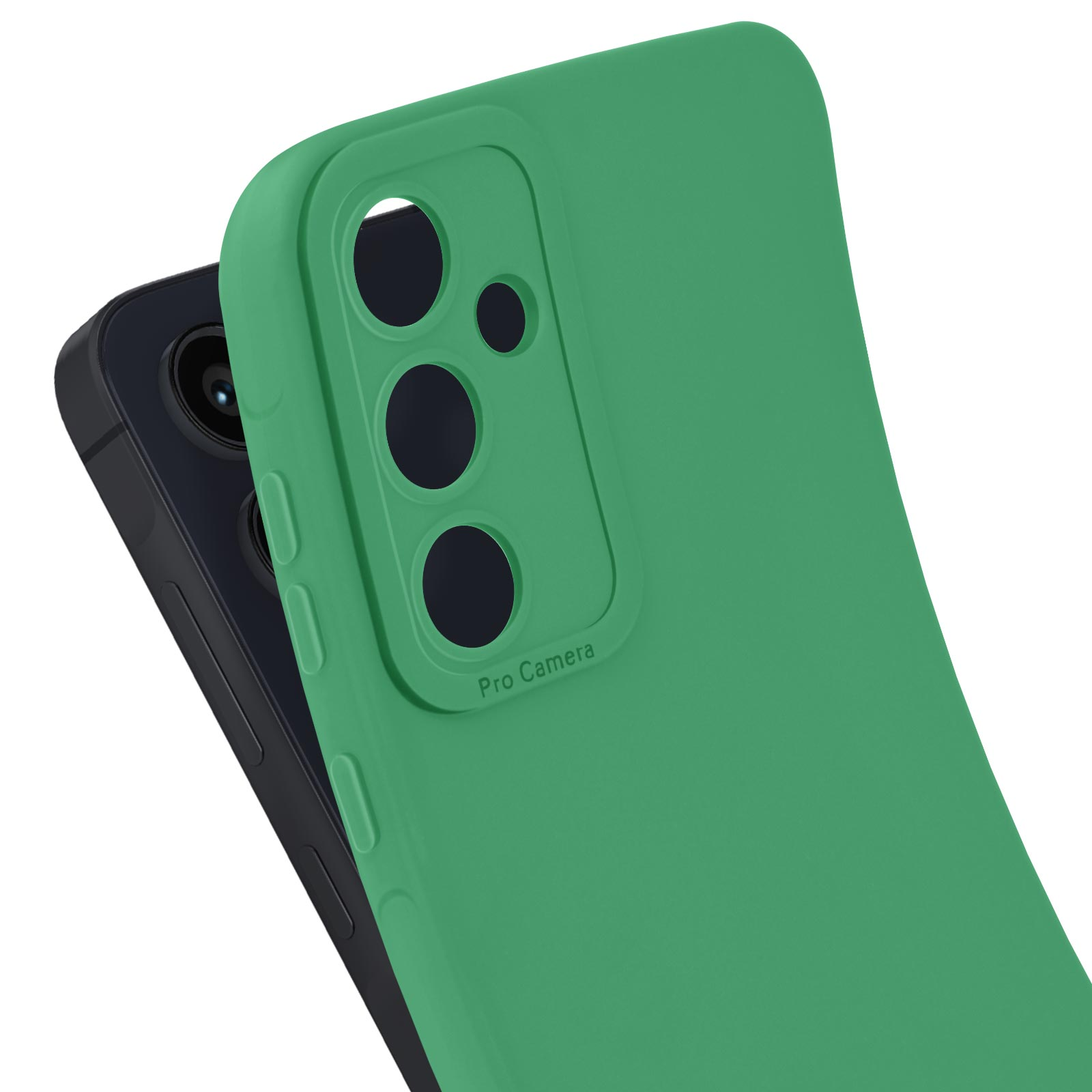 Een groene telefoonhoes met camera-uitsparingen over een zwarte telefoon.