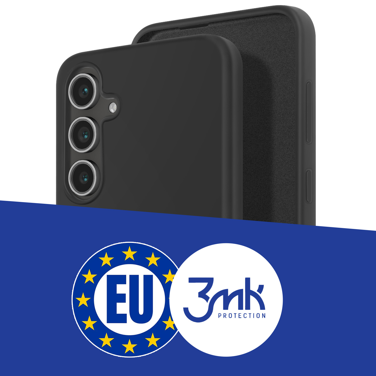 Custodia nera per telefono con tre fotocamere, logo UE, protezione 3mk.
