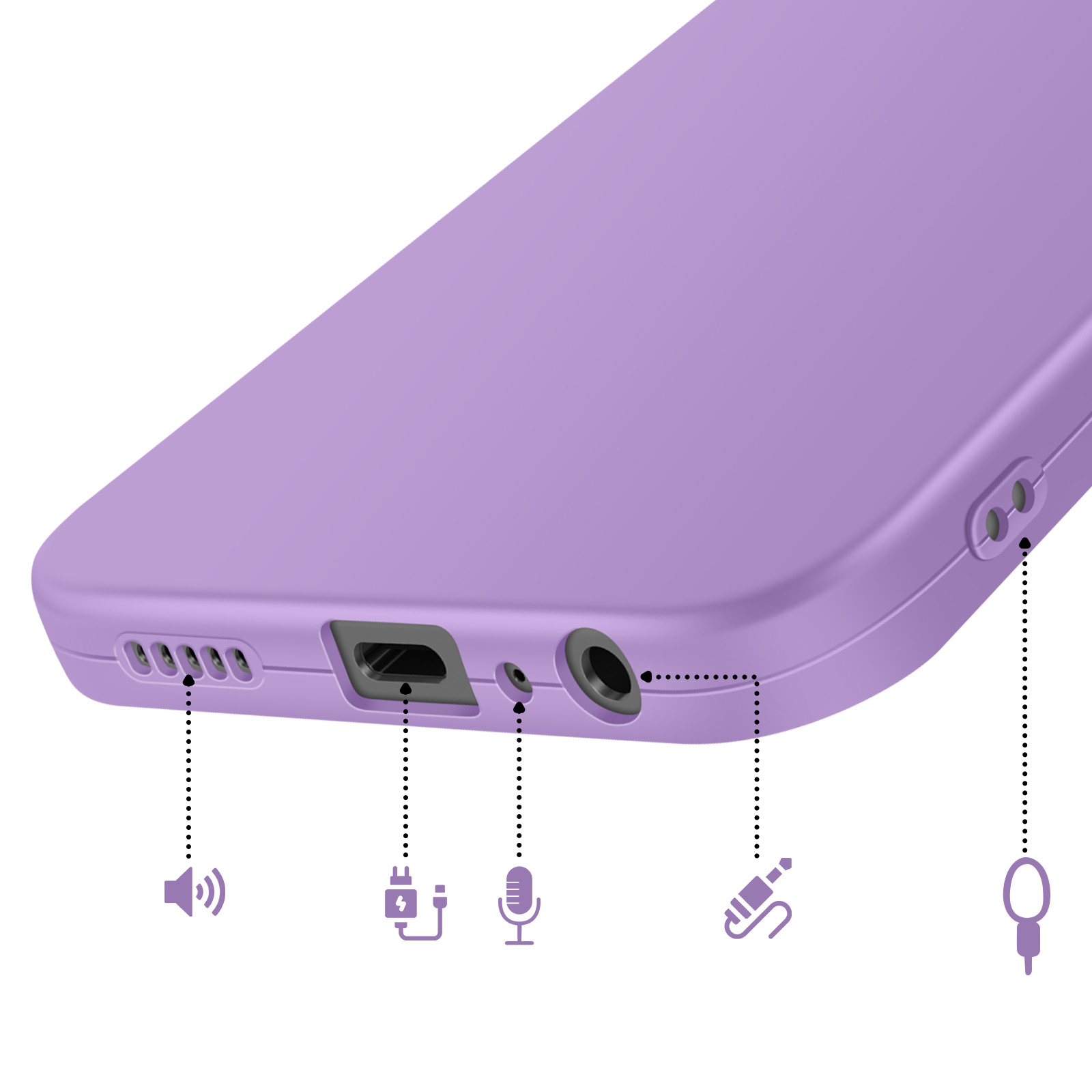 Paarse telefoonhoes met poorten: luidspreker, opladen, microfoon, koptelefoonaansluiting, simkaartlade.