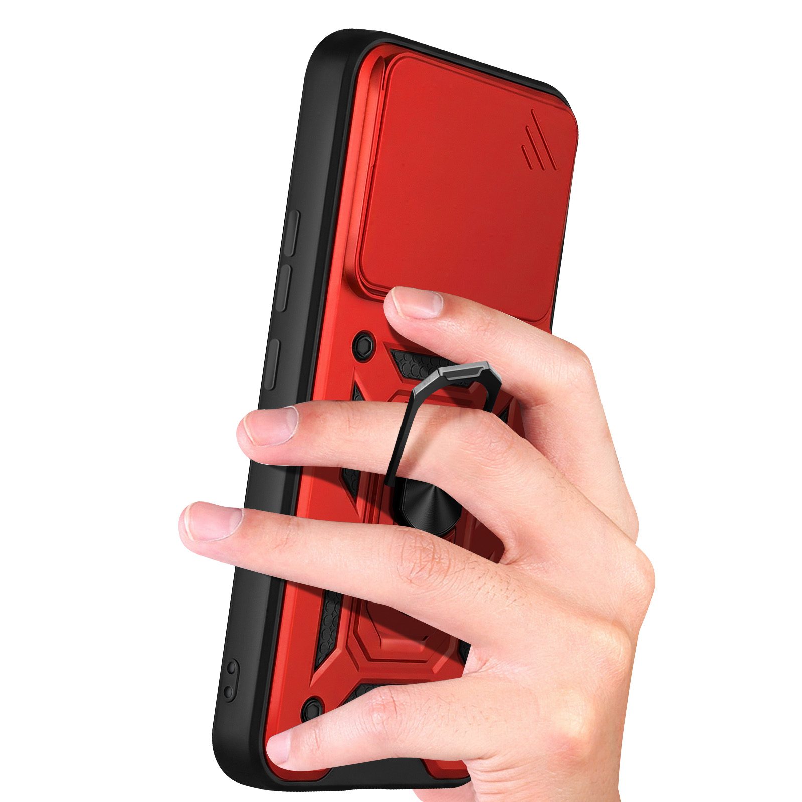 Een hand houdt een rode telefoonhoes met zwarte rand en ringhouder vast.
