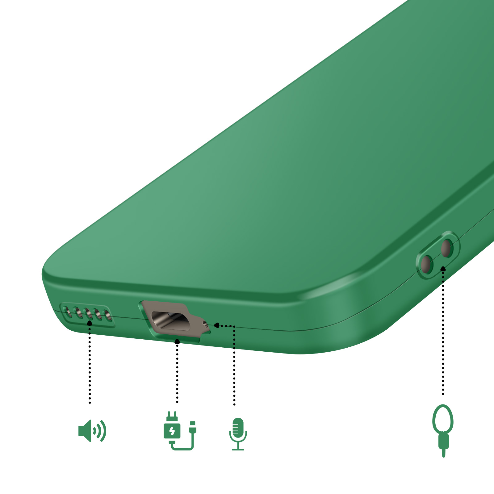 Groene telefoonhoes zijaanzicht met poorten voor luidspreker, opladen, microfoon en koord.