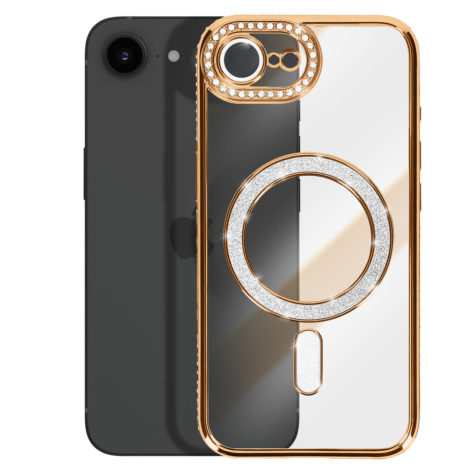 Een donkere smartphone naast een doorzichtige hoes met gouden rand en strass.