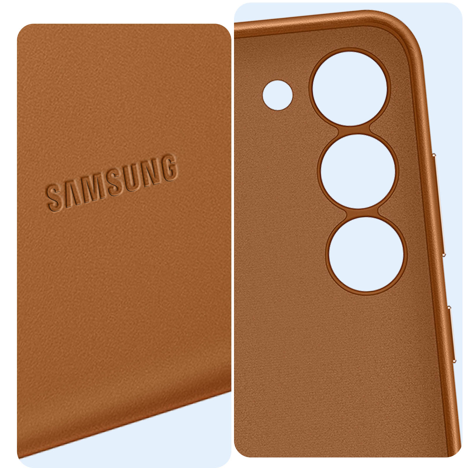 Brązowe etui na telefon z wytłoczonym logo Samsung i trzema wycięciami.