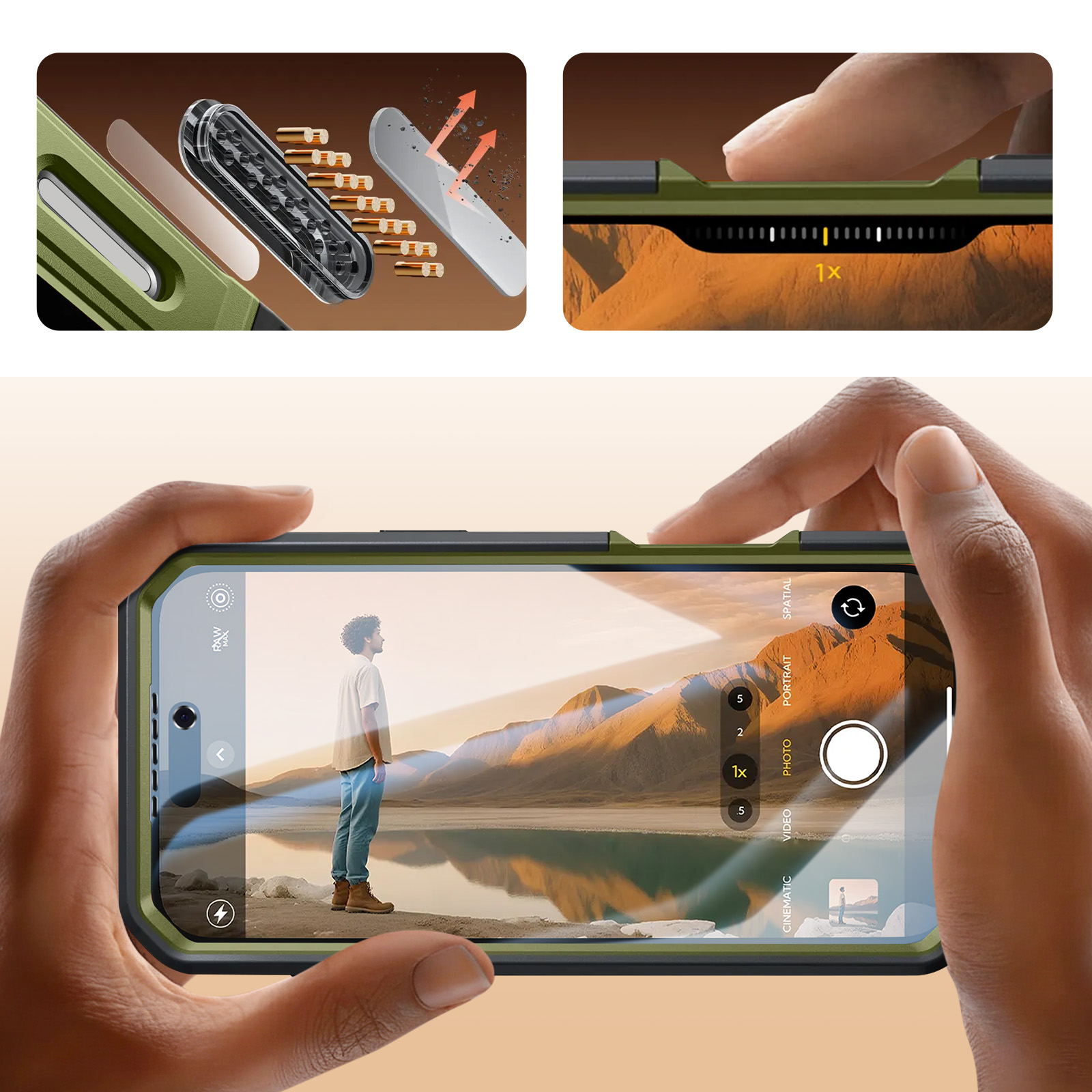 Una mano tiene uno smartphone che mostra un paesaggio con un uomo vicino a un lago.