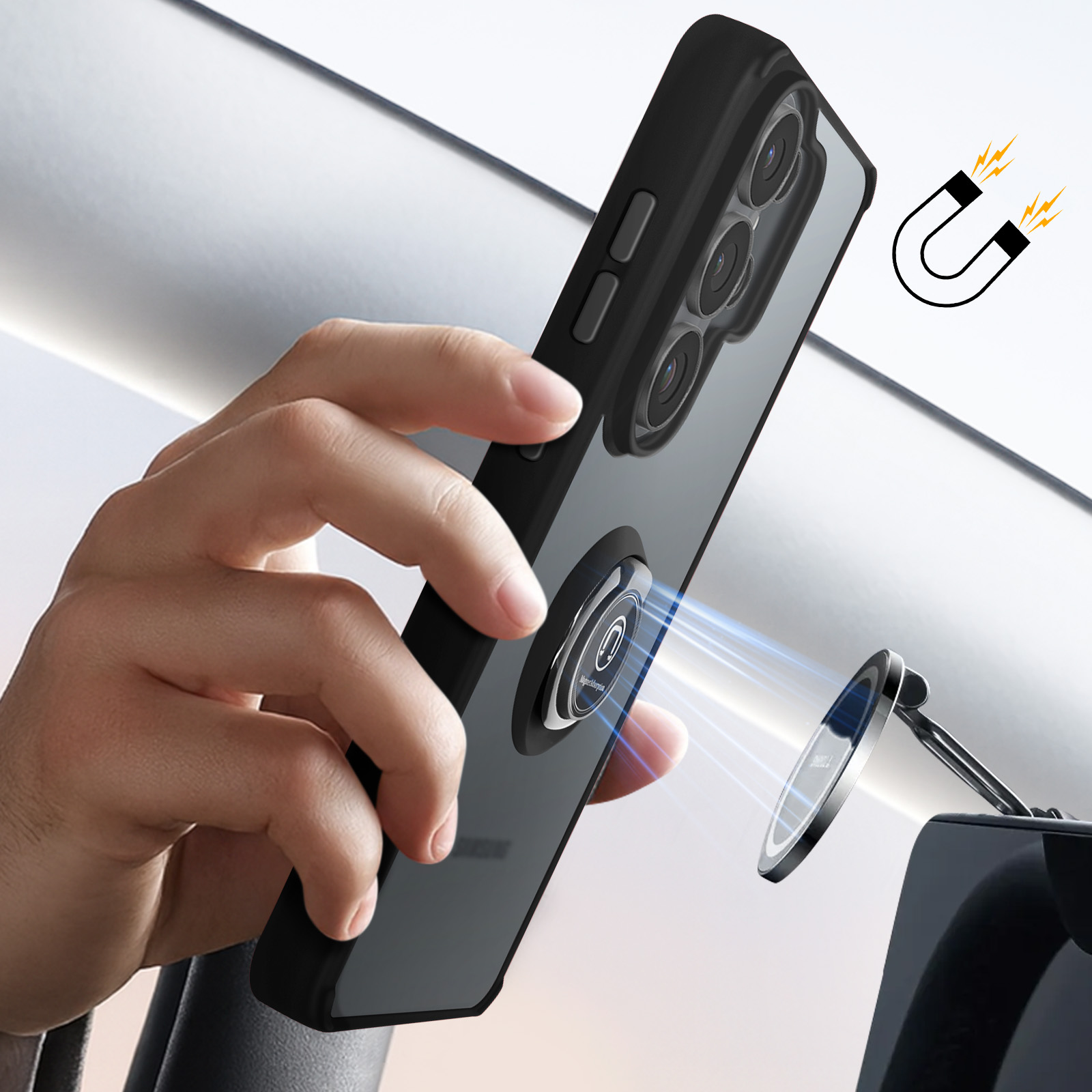 Een hand houdt een smartphone met magische ring vast, die aan een autohouder wordt bevestigd.