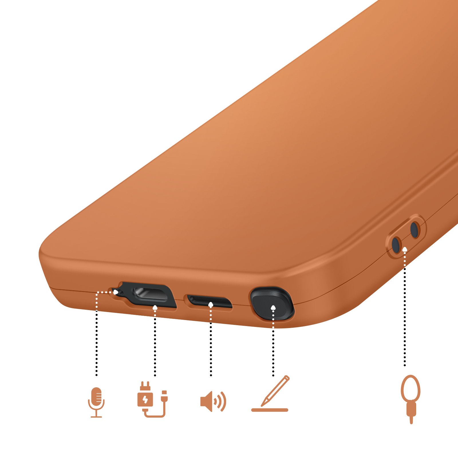 Un smartphone orange montrant les ports : microphone, port de chargement, haut-parleur, stylet et prise casque.